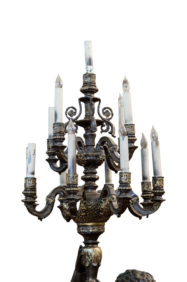 Metal Pair of Monumental French Napoleon III Style Patinated Thirteen-Light Torchères For Sale