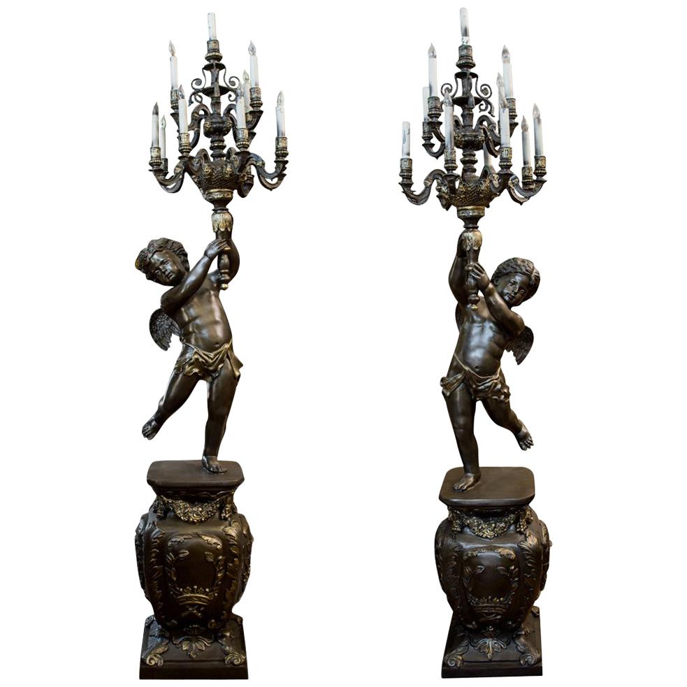 Pair of Monumental French Napoleon III Style Patinated Thirteen-Light Torchères For Sale
