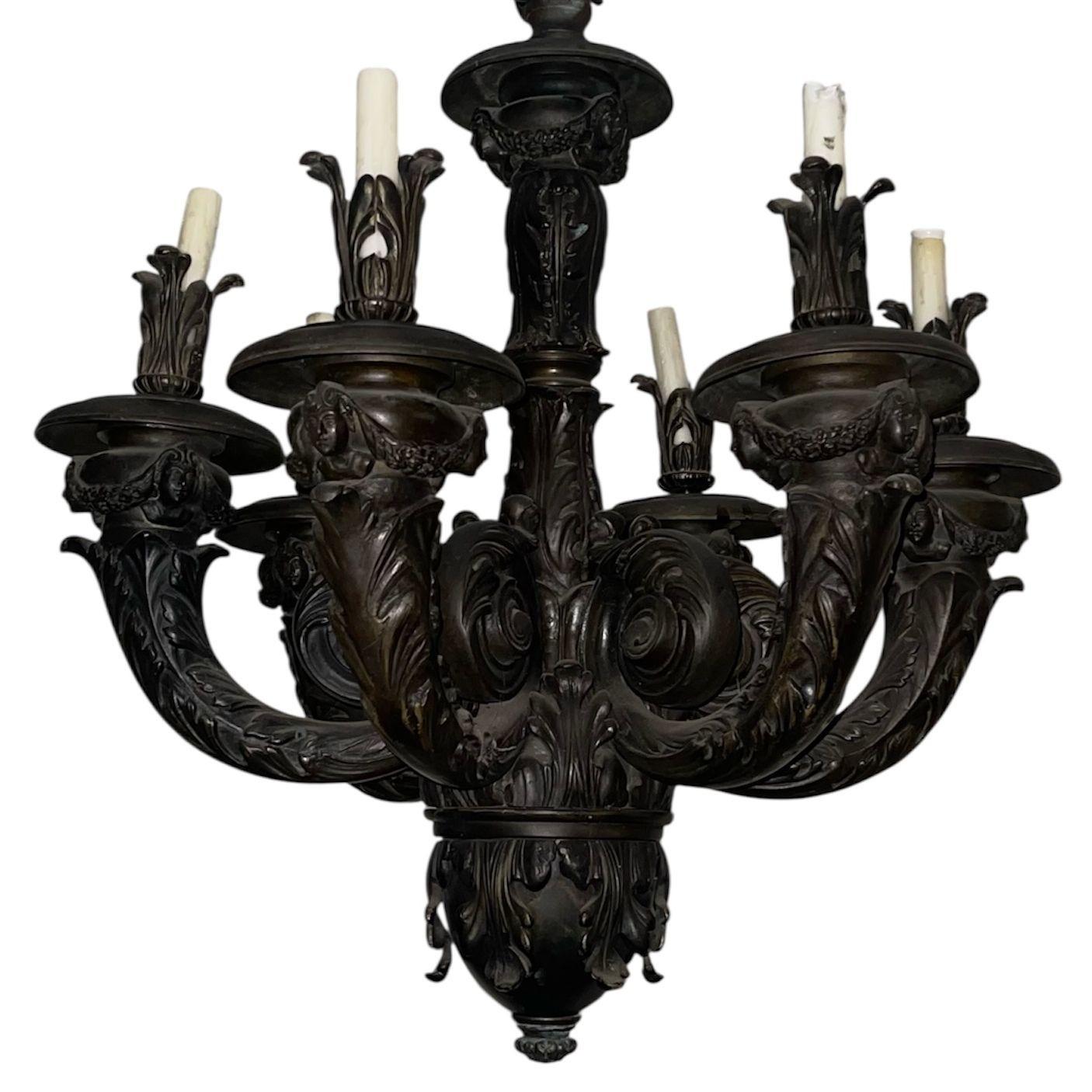 Magnifique paire de lustres en bronze néoclassique français de la fin du XIXe siècle, tous exceptionnellement moulés et richement détaillés. Ces luminaires grandioses incarnent la force et le raffinement de l'esthétique néoclassique, avec six bras