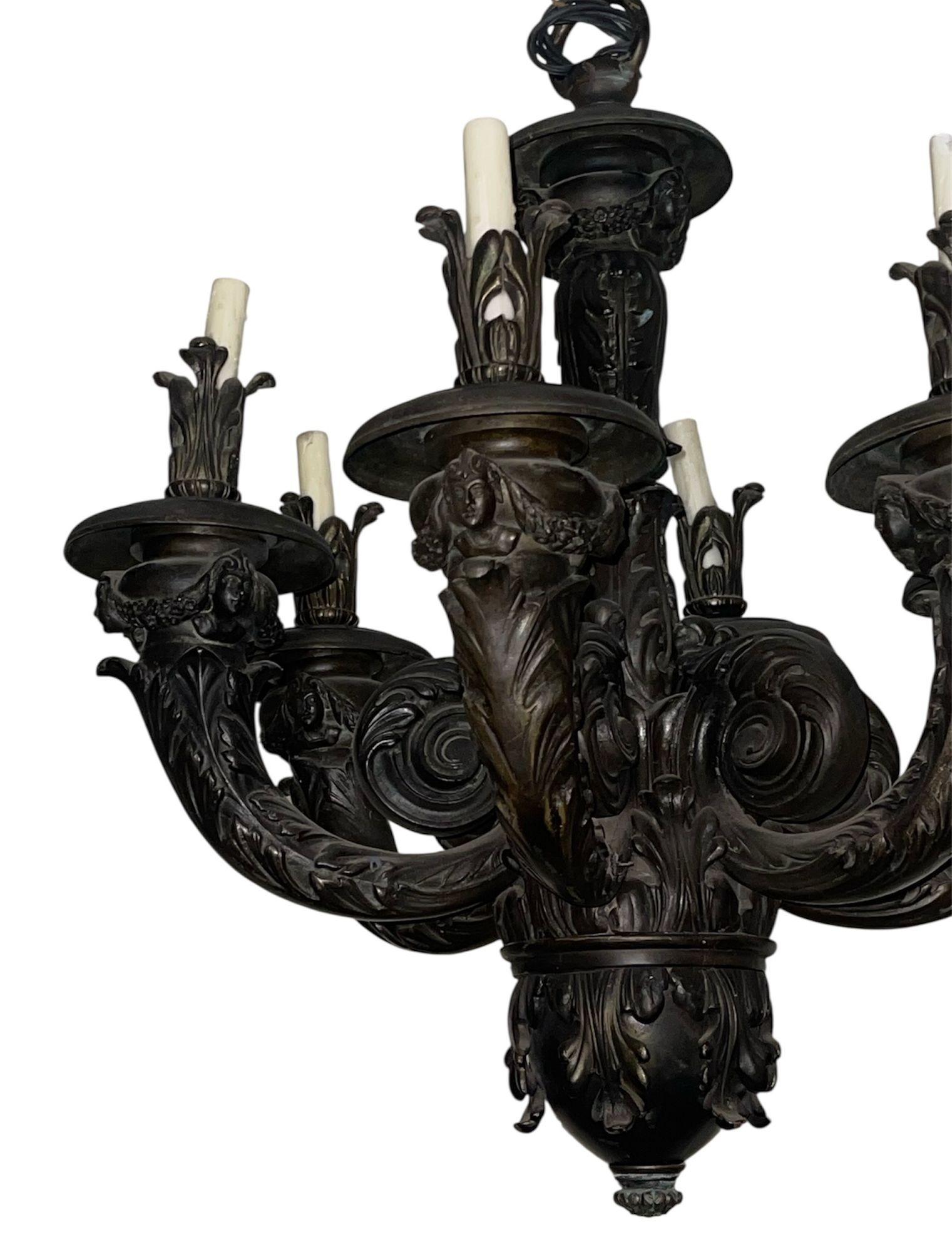Français Paire de lustres monumentaux en bronze de style néoclassique français, fin du XIXe siècle. en vente