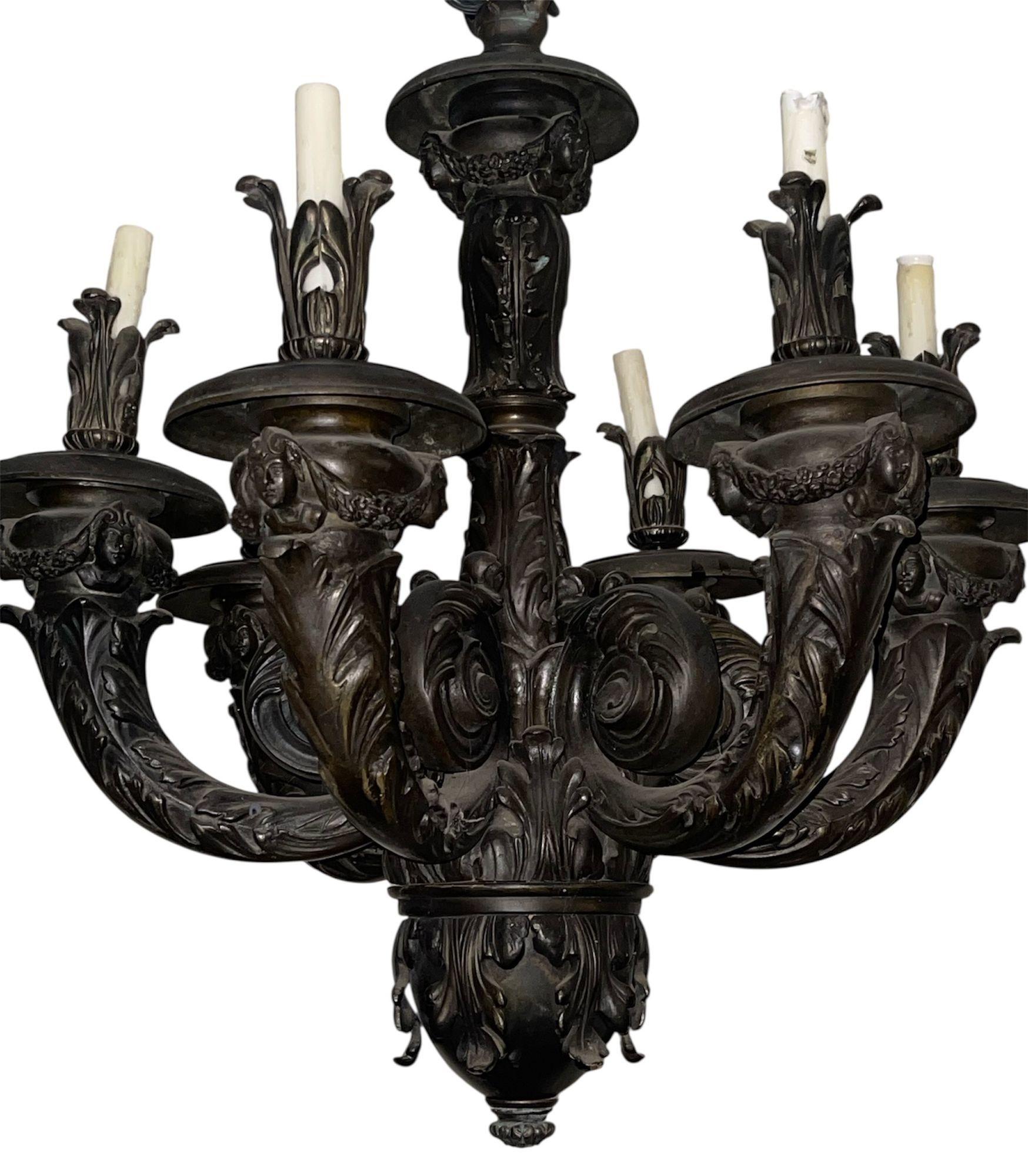 Paire de lustres monumentaux en bronze de style néoclassique français, fin du XIXe siècle. Bon état - En vente à Los Angeles, CA