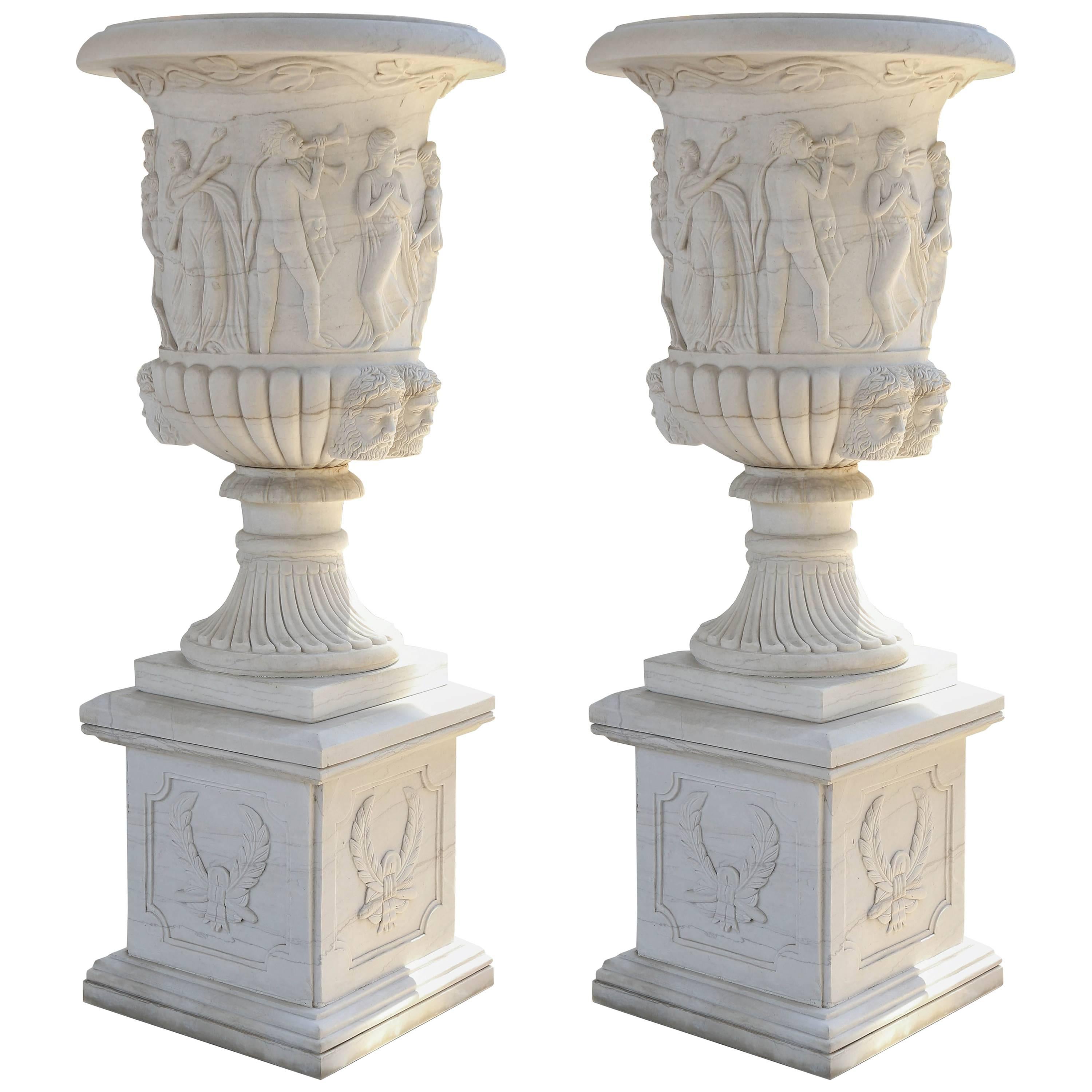 Pair of Monumental Garden Planters Made of Carved Carrara Marble