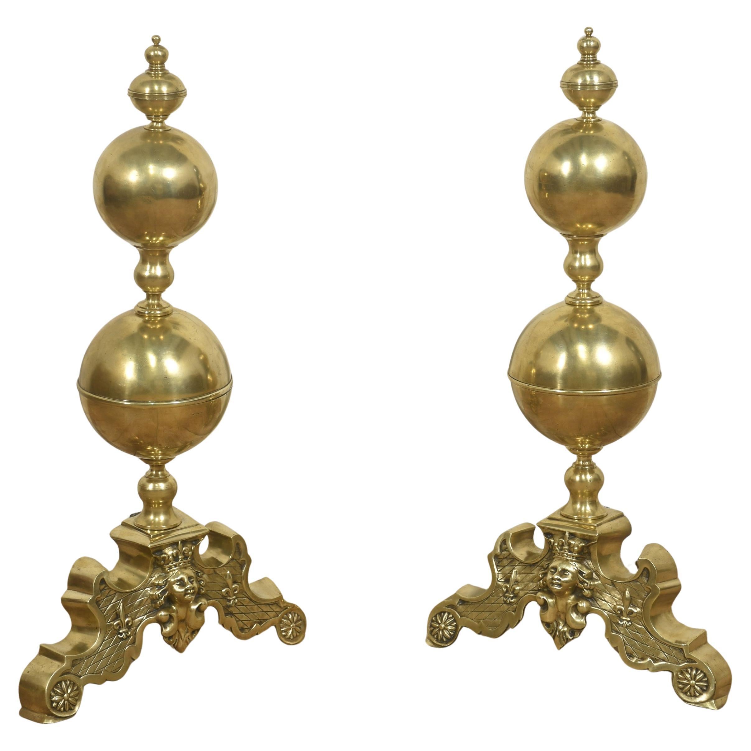 Pair of Monumental Gilt Brass Andirons