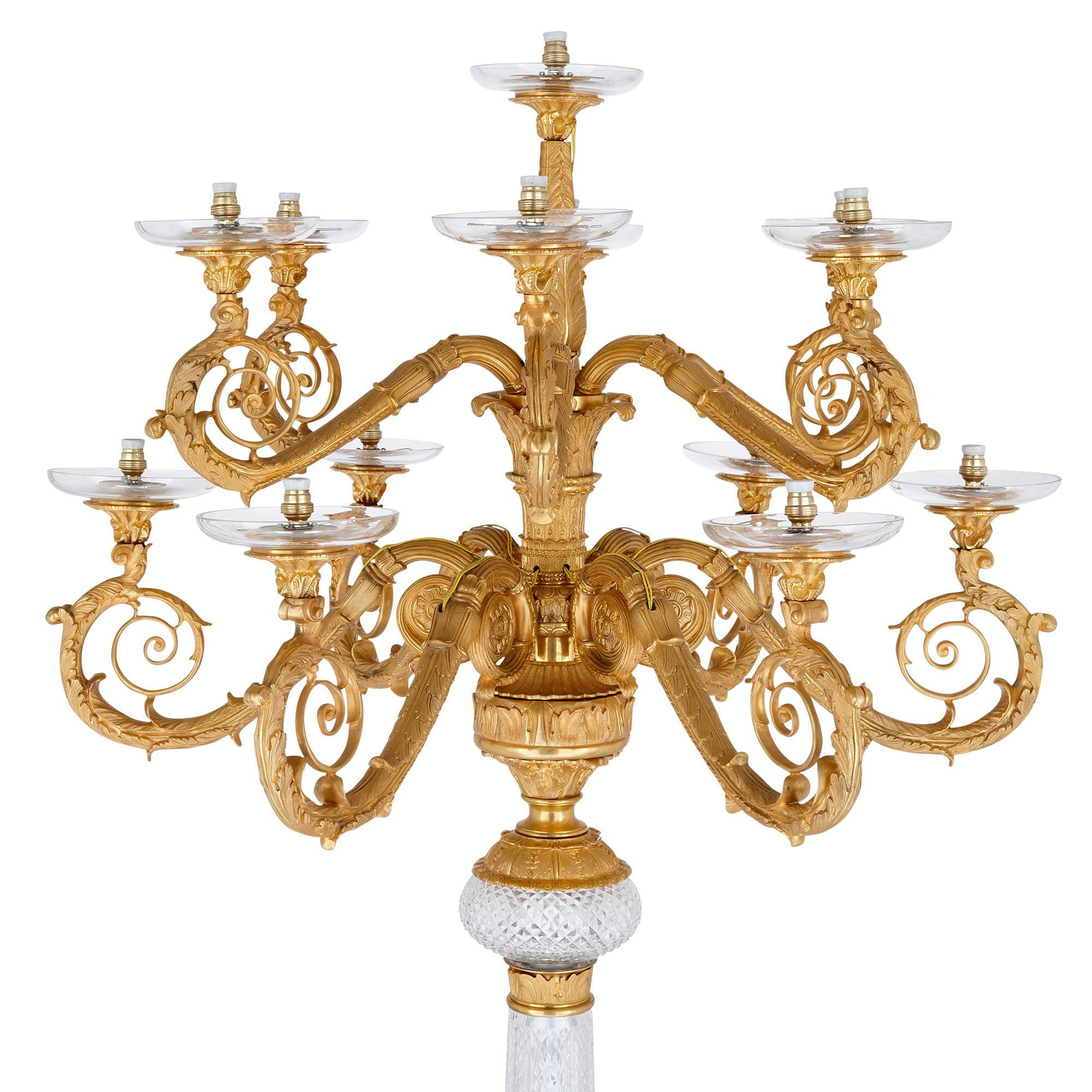 Neoclassical Pair of Monumental Gilt Bronze and Glass Floor Standing Candelabra For Sale