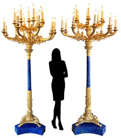 Pair of Monumental Gilt Bronze and Lapis Lazuli Torcheres