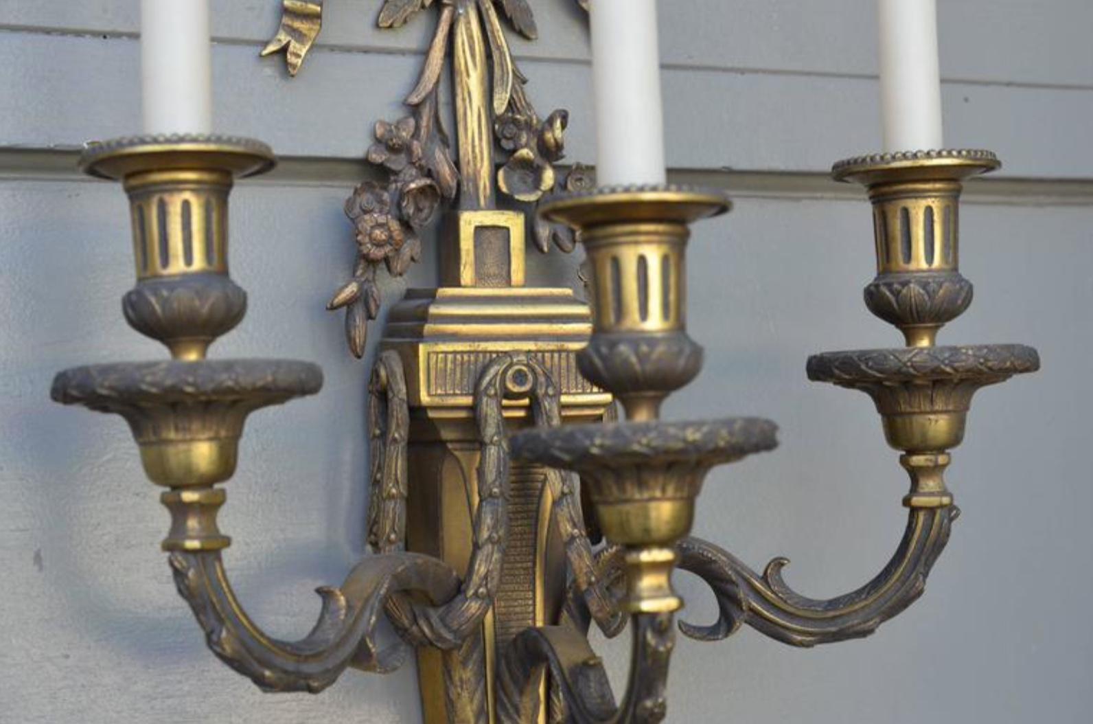 French Pair of Monumental Gilt Bronze Louis XVI Style Sconces For Sale