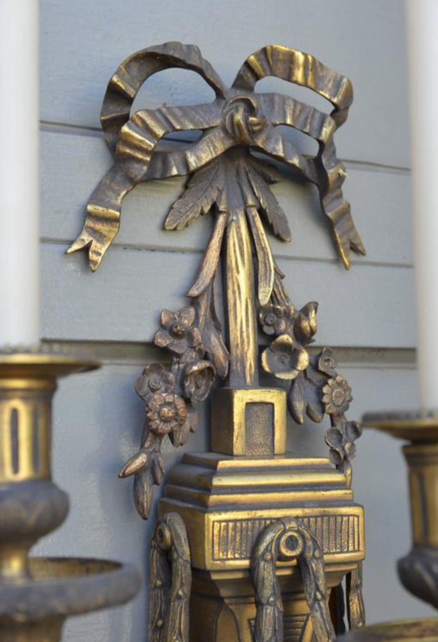 Pair of Monumental Gilt Bronze Louis XVI Style Sconces For Sale 2