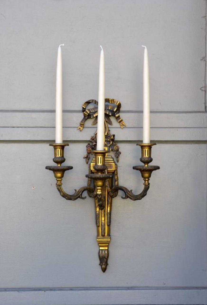 Pair of Monumental Gilt Bronze Louis XVI Style Sconces For Sale 3