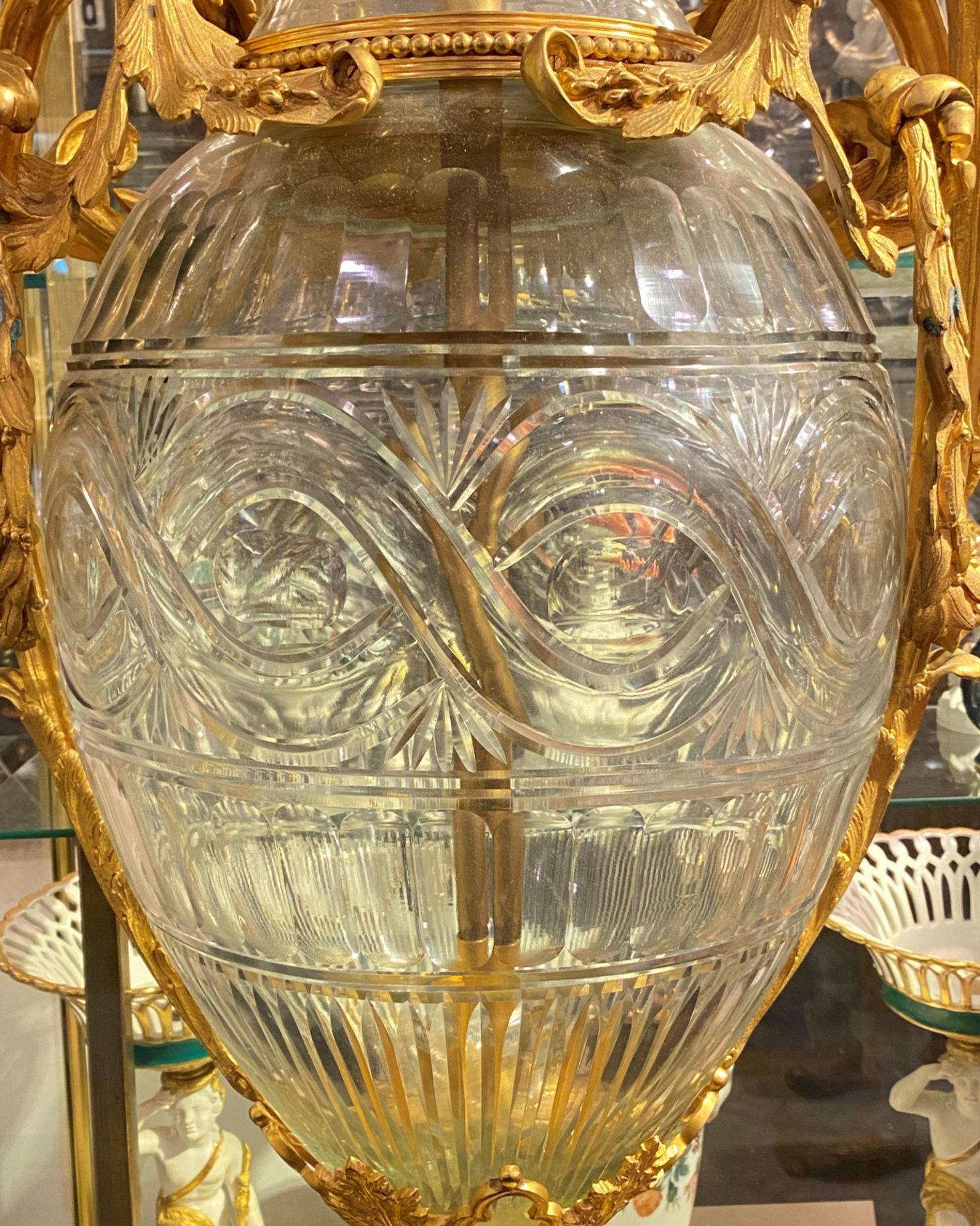 Pair of Monumental Gilt Bronze Mounted Crystal Urns 5