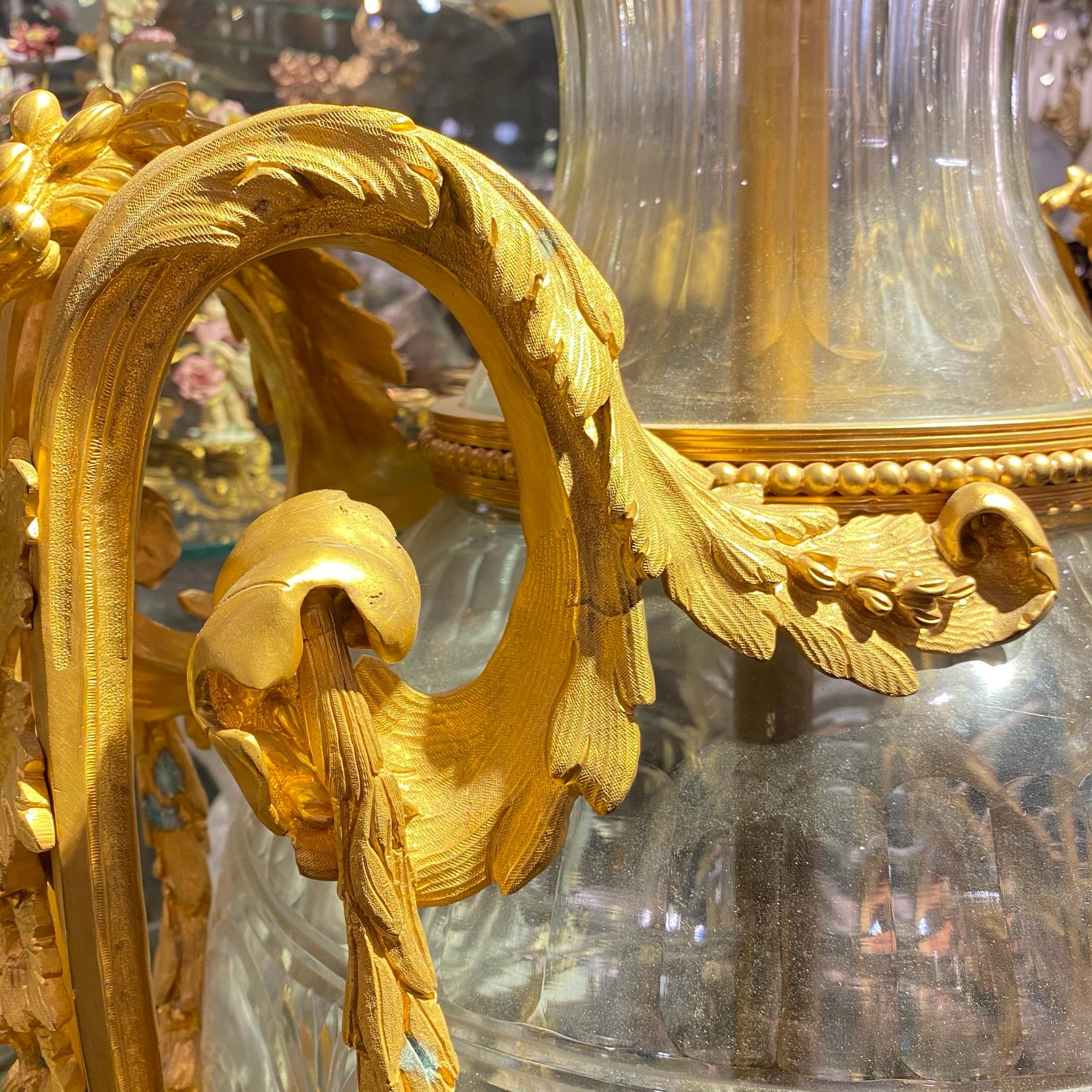 Pair of Monumental Gilt Bronze Mounted Crystal Urns In Good Condition In New York, NY