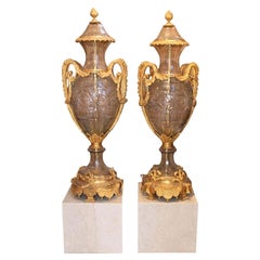 Pair of Monumental Gilt Bronze Mounted Crystal Urns