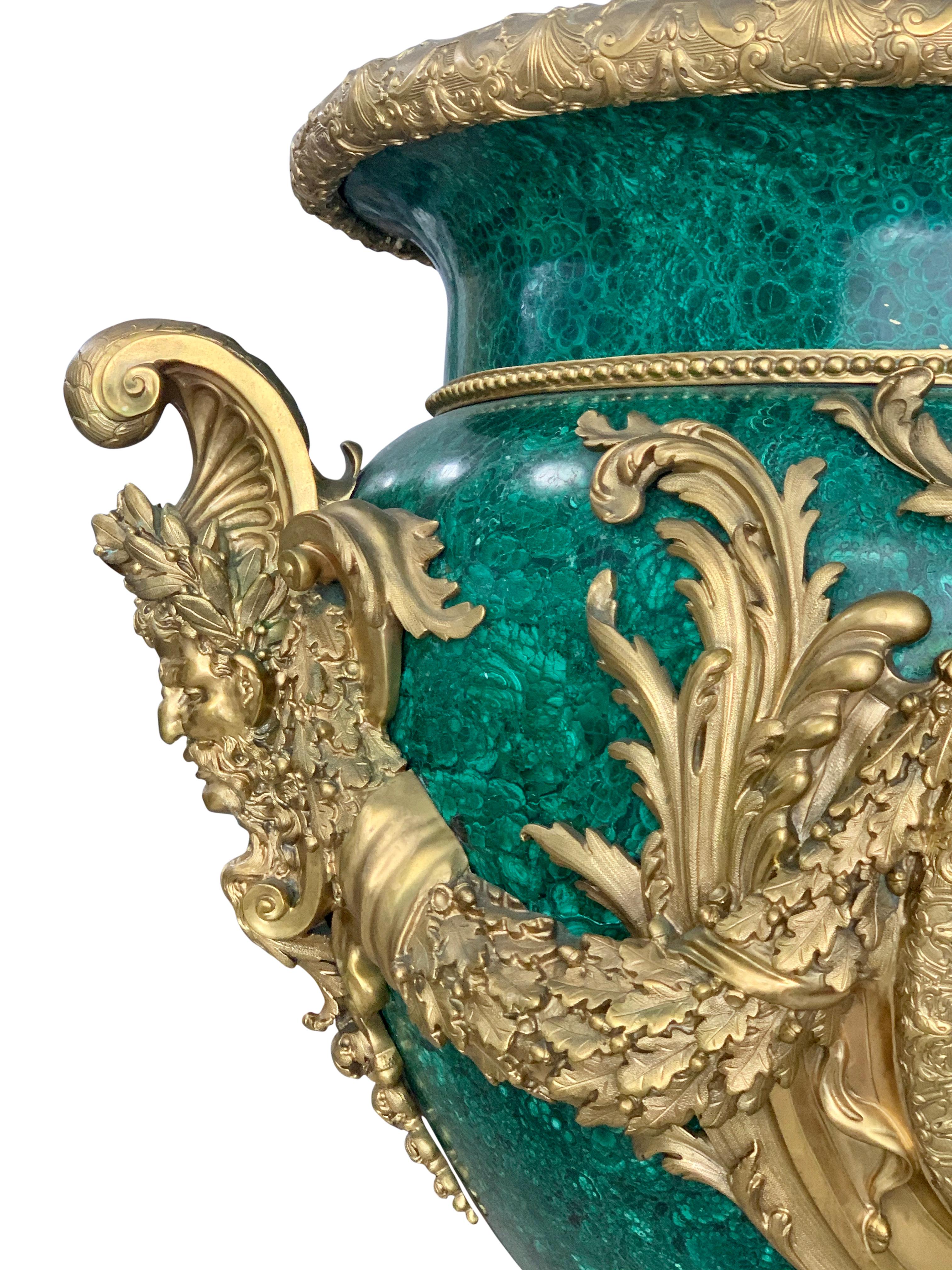Pair of Monumental Gilt Bronze-Mounted Malachite Urns For Sale 4