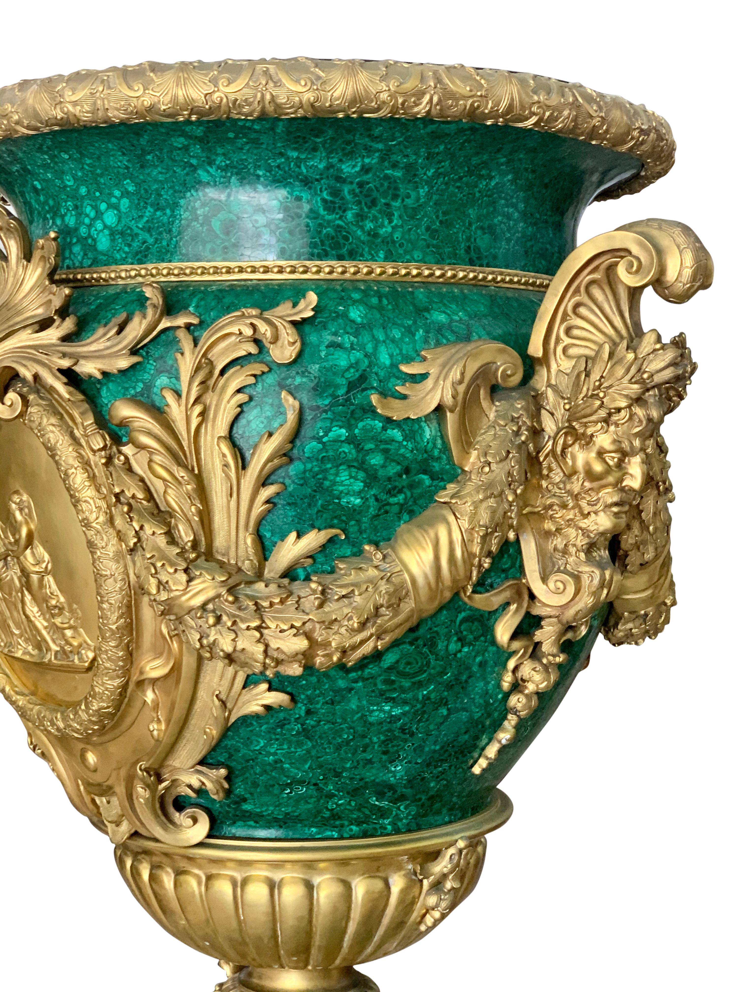 Pair of Monumental Gilt Bronze-Mounted Malachite Urns In Good Condition For Sale In Los Angeles, CA