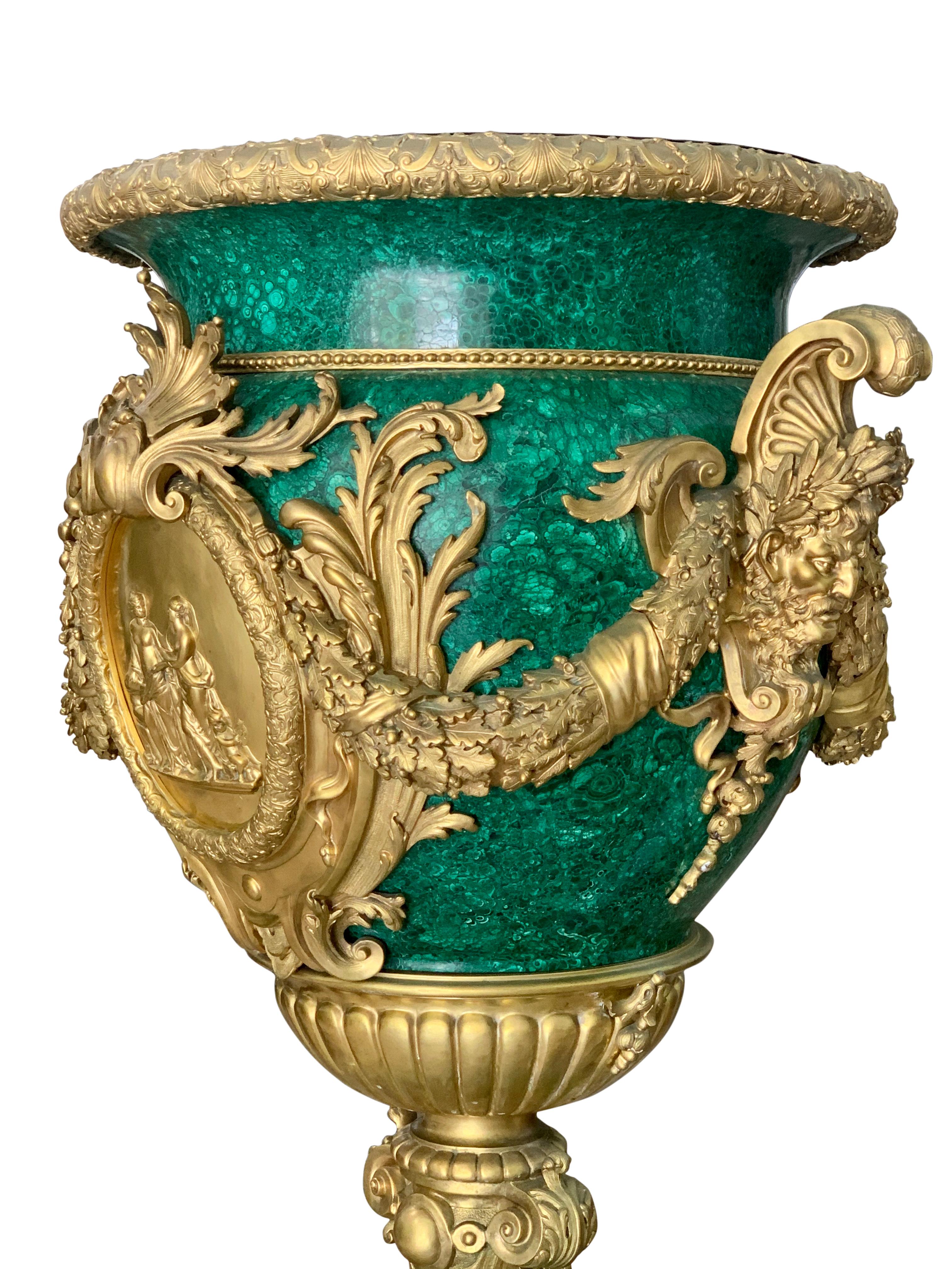 20th Century Pair of Monumental Gilt Bronze-Mounted Malachite Urns For Sale
