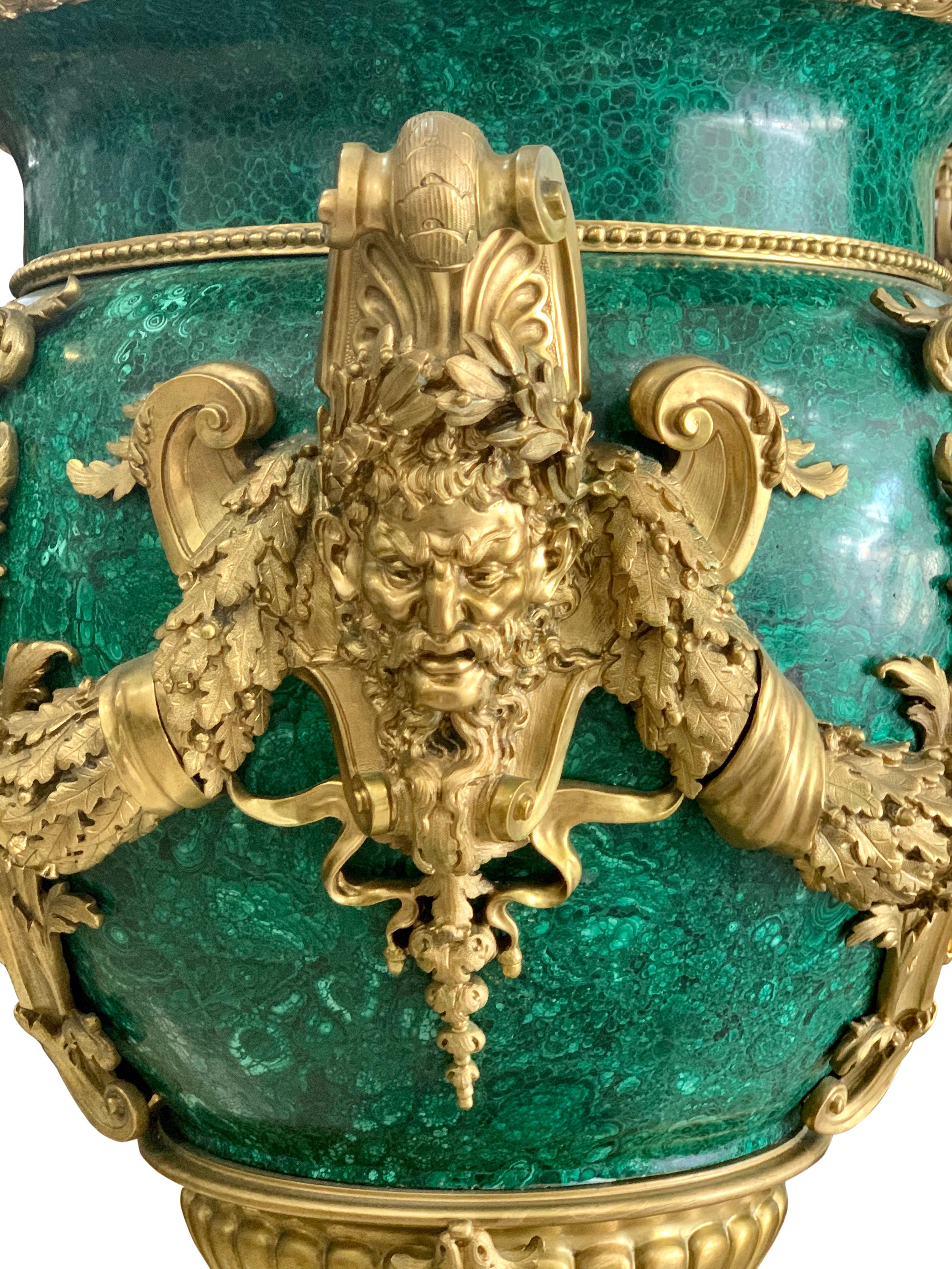 Pair of Monumental Gilt Bronze-Mounted Malachite Urns For Sale 2