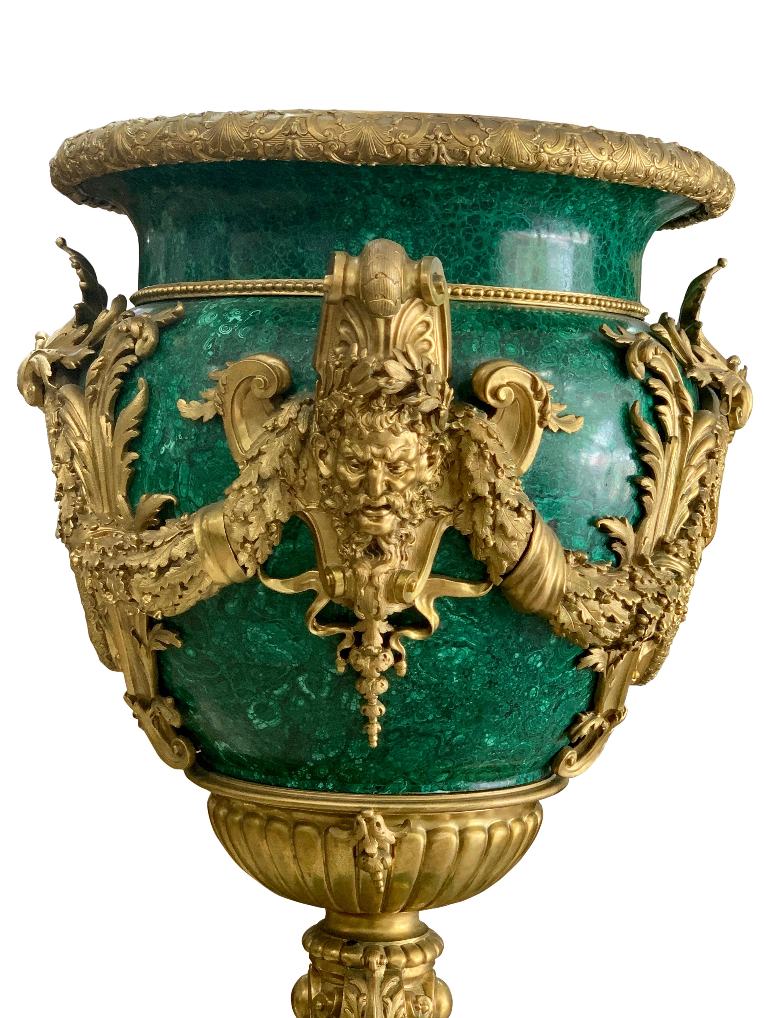 Pair of Monumental Gilt Bronze-Mounted Malachite Urns For Sale 3