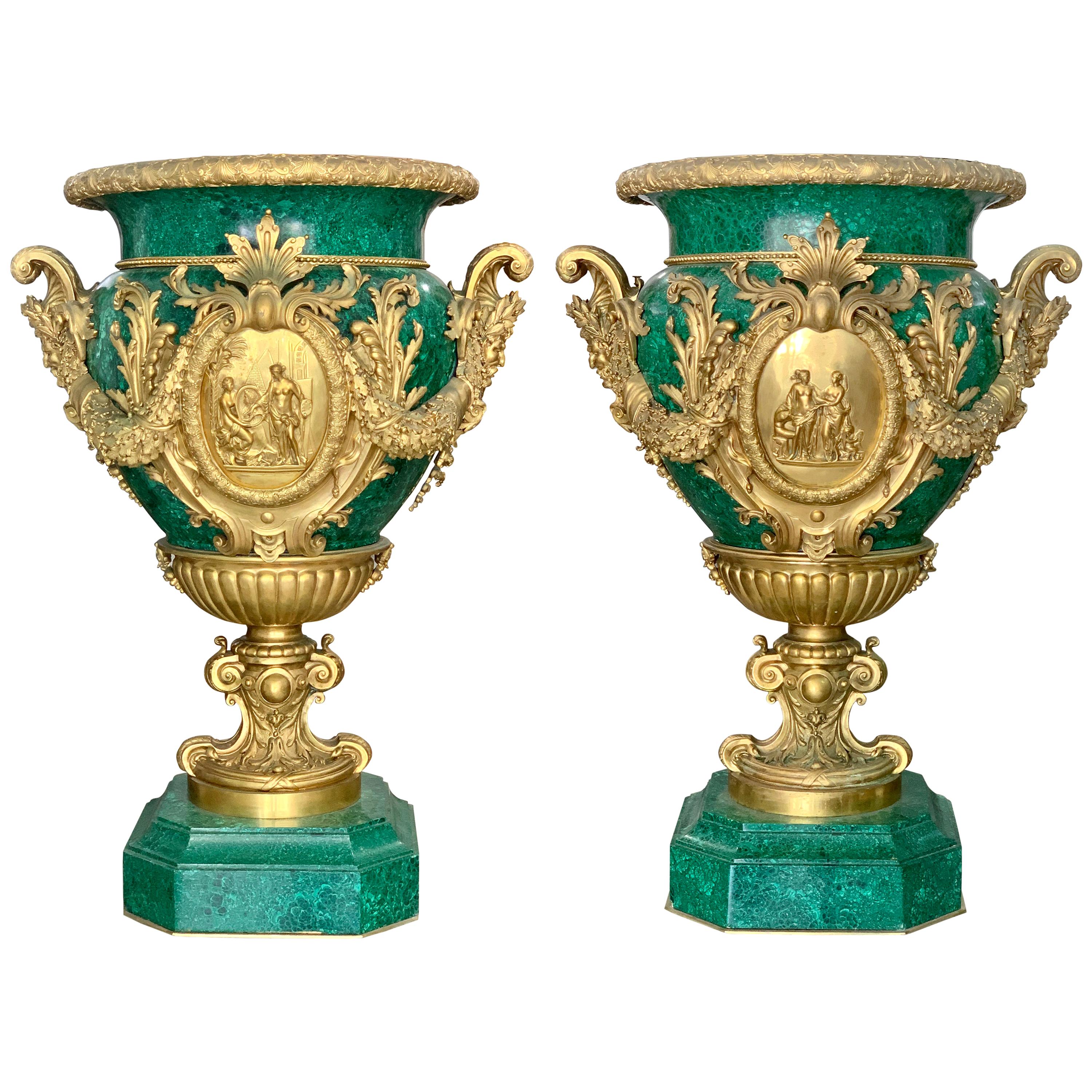 Pair of Monumental Gilt Bronze-Mounted Malachite Urns
