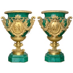 A Massive Pair of French Empire Style Gilt Bronze-Mounted Malachite Urns, C.1950