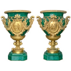 Vintage Pair of Monumental Gilt Bronze-Mounted Malachite Urns