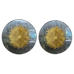 Pair of Monumental Gilt Gold and Silver Glass Sunburst Mirrors, Antiqued Mirror