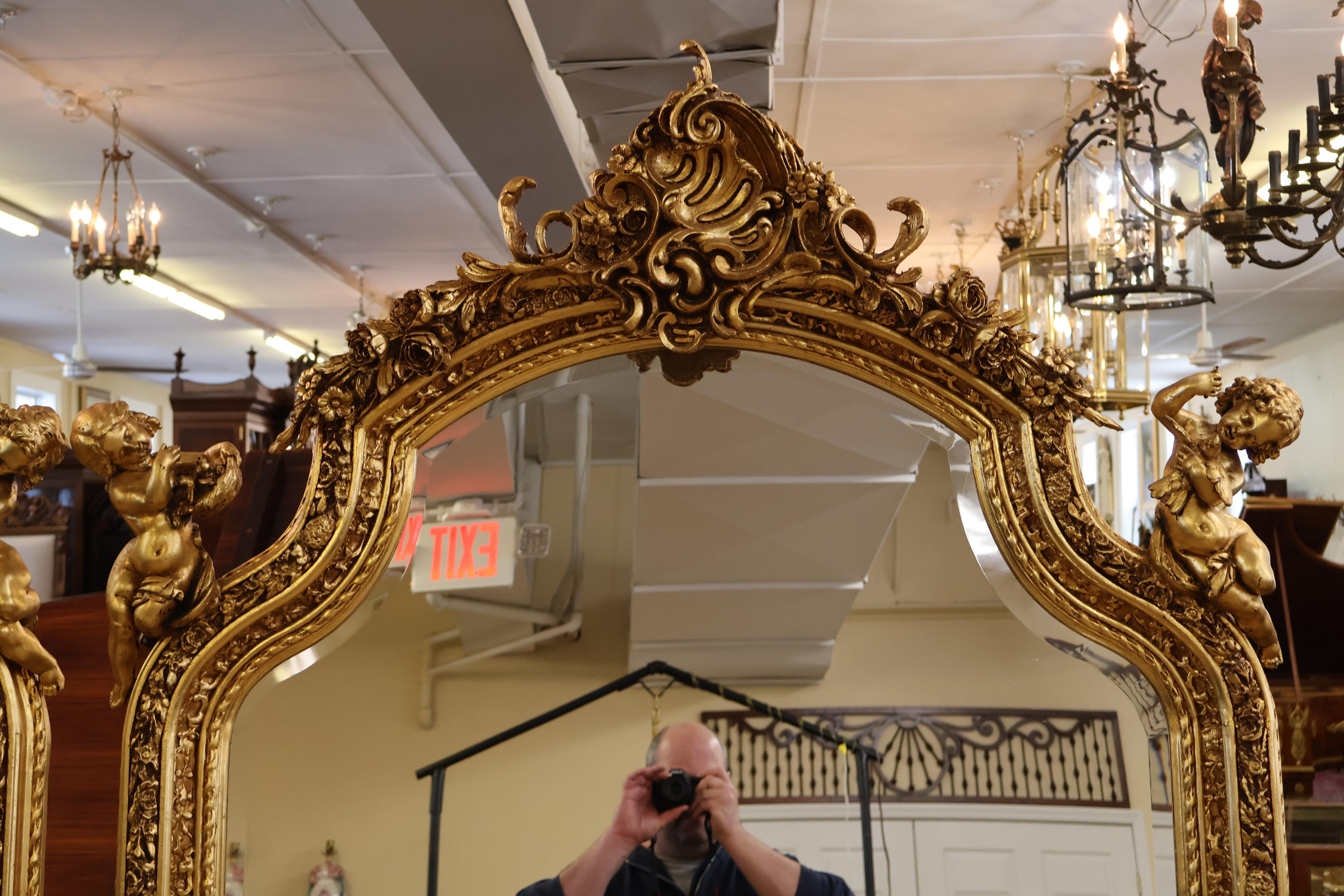 Pair of Monumental Gold Gil Louis XVI French Style Cherub Putti Beveled Mirrors  For Sale 7