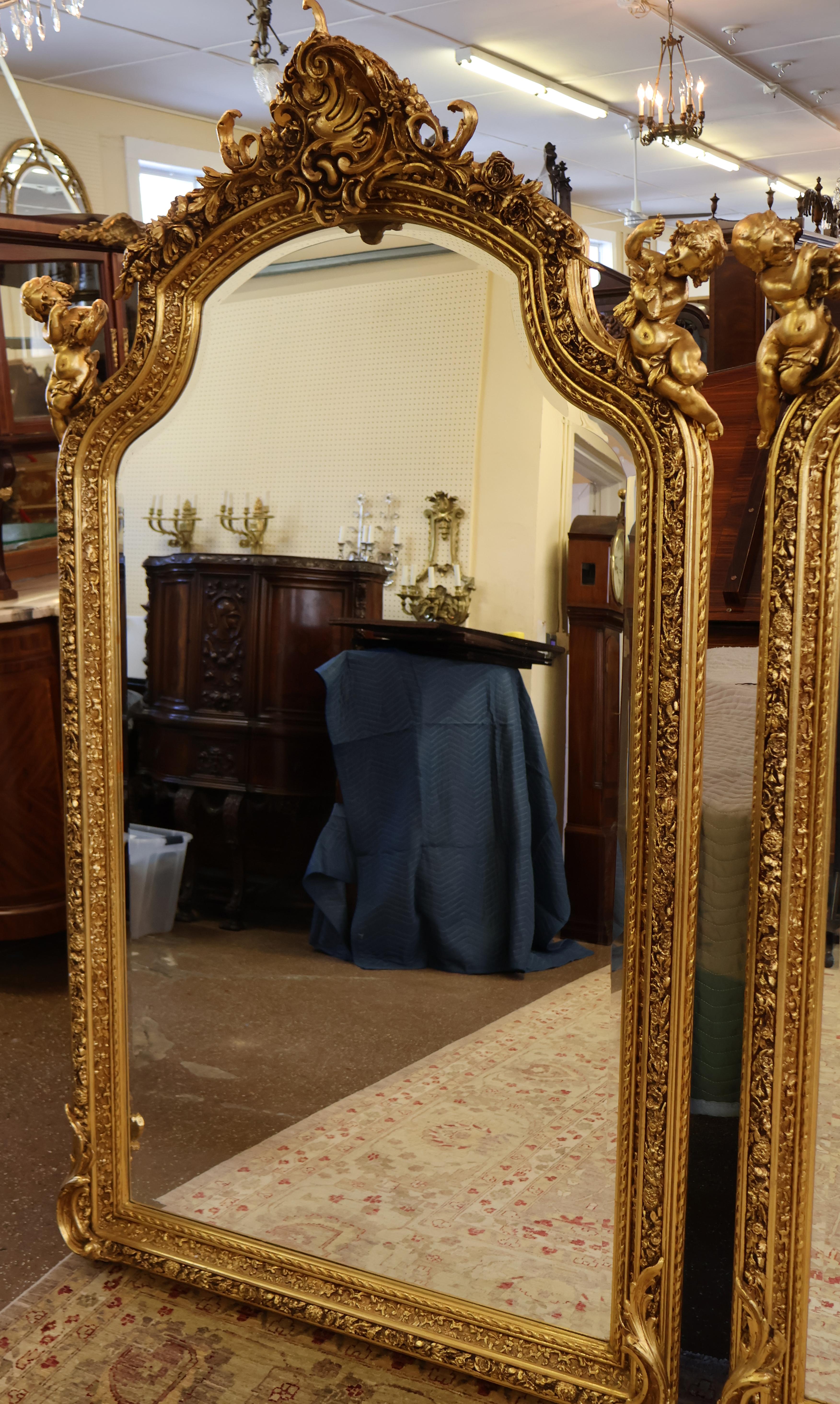 Pair of Monumental Gold Gil Louis XVI French Style Cherub Putti Beveled Mirrors  For Sale 8