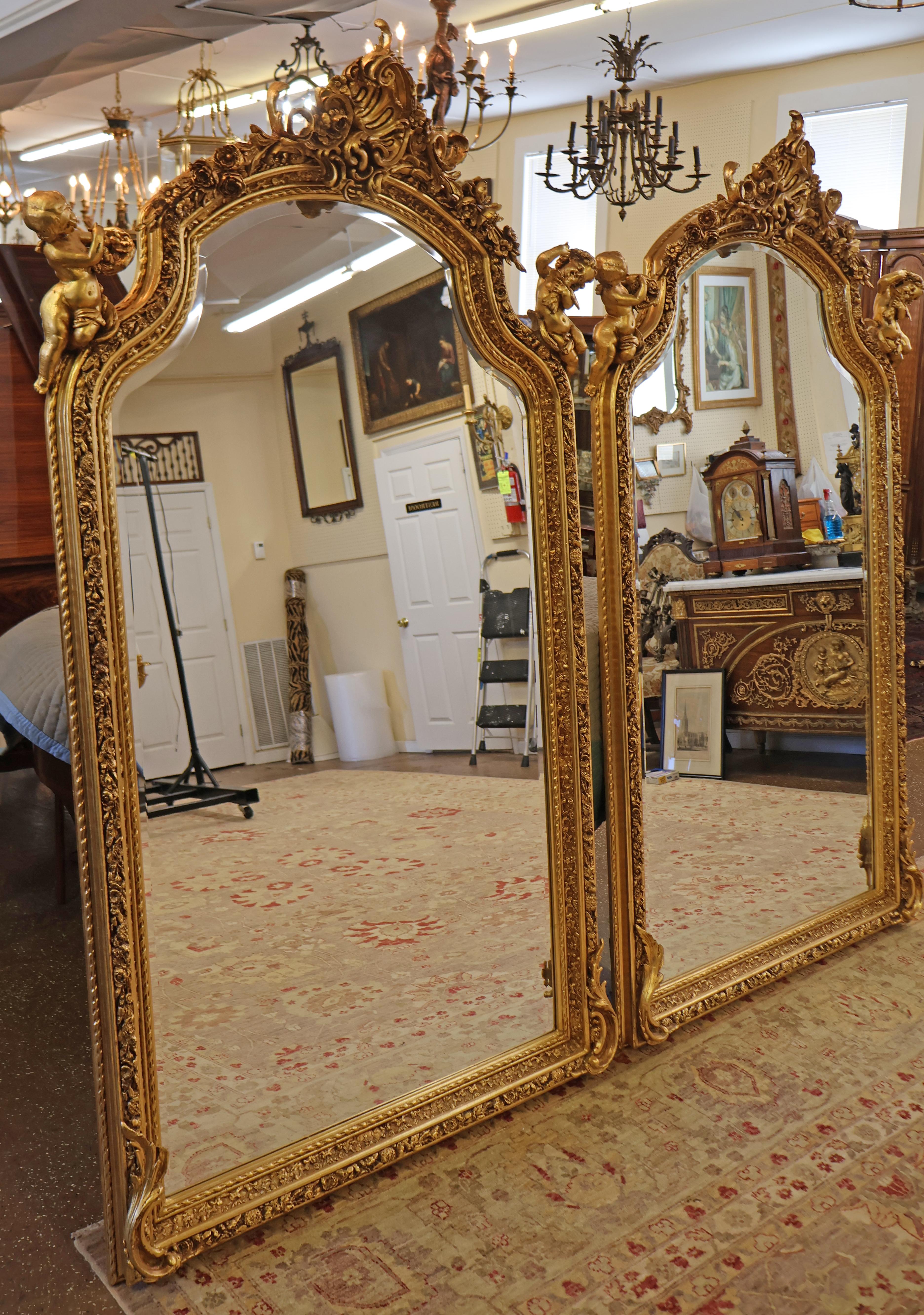 Pair of Monumental Gold Gil Louis XVI French Style Cherub Putti Beveled Mirrors  9
