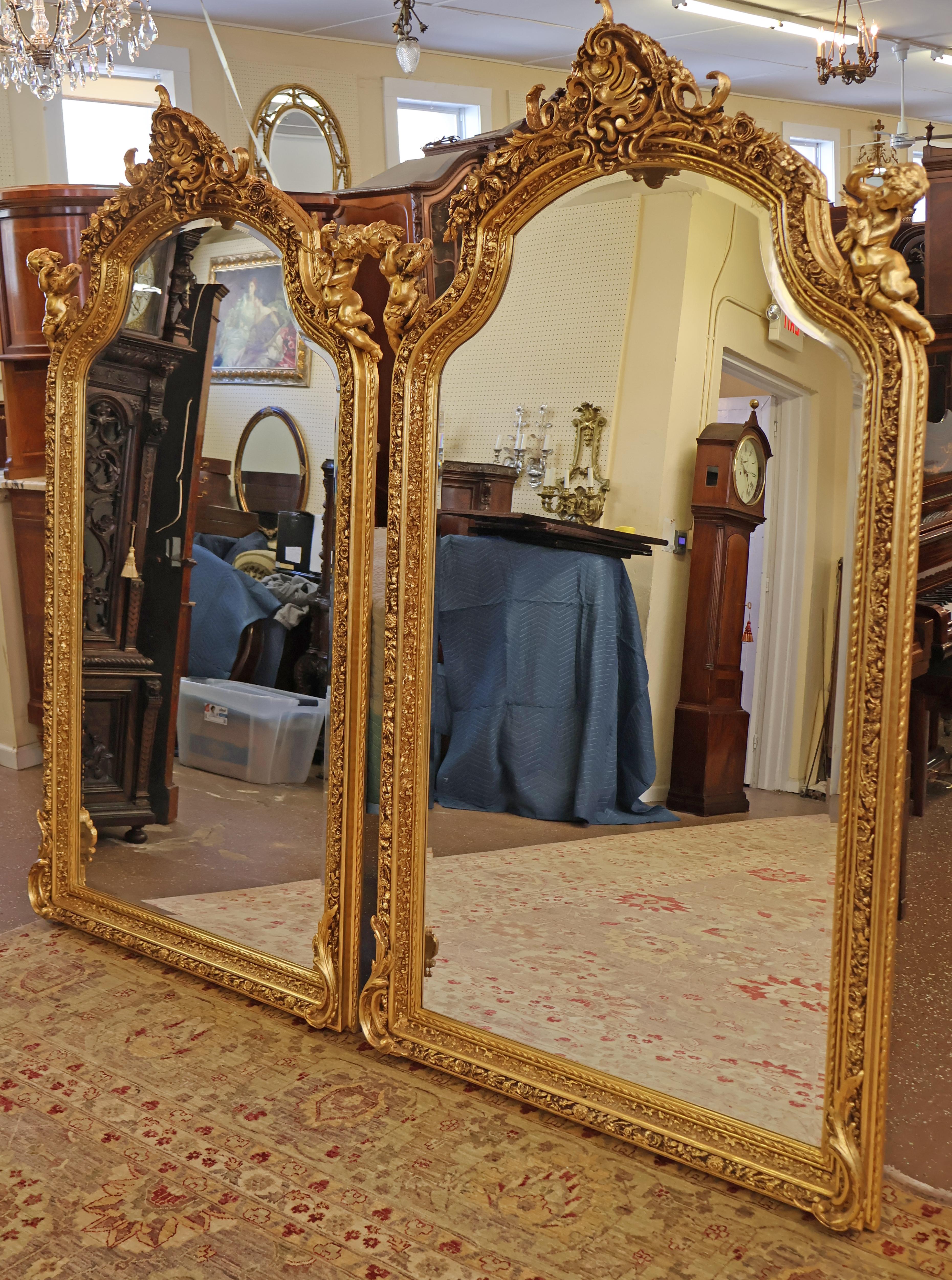 Pair of Monumental Gold Gil Louis XVI French Style Cherub Putti Beveled Mirrors  10
