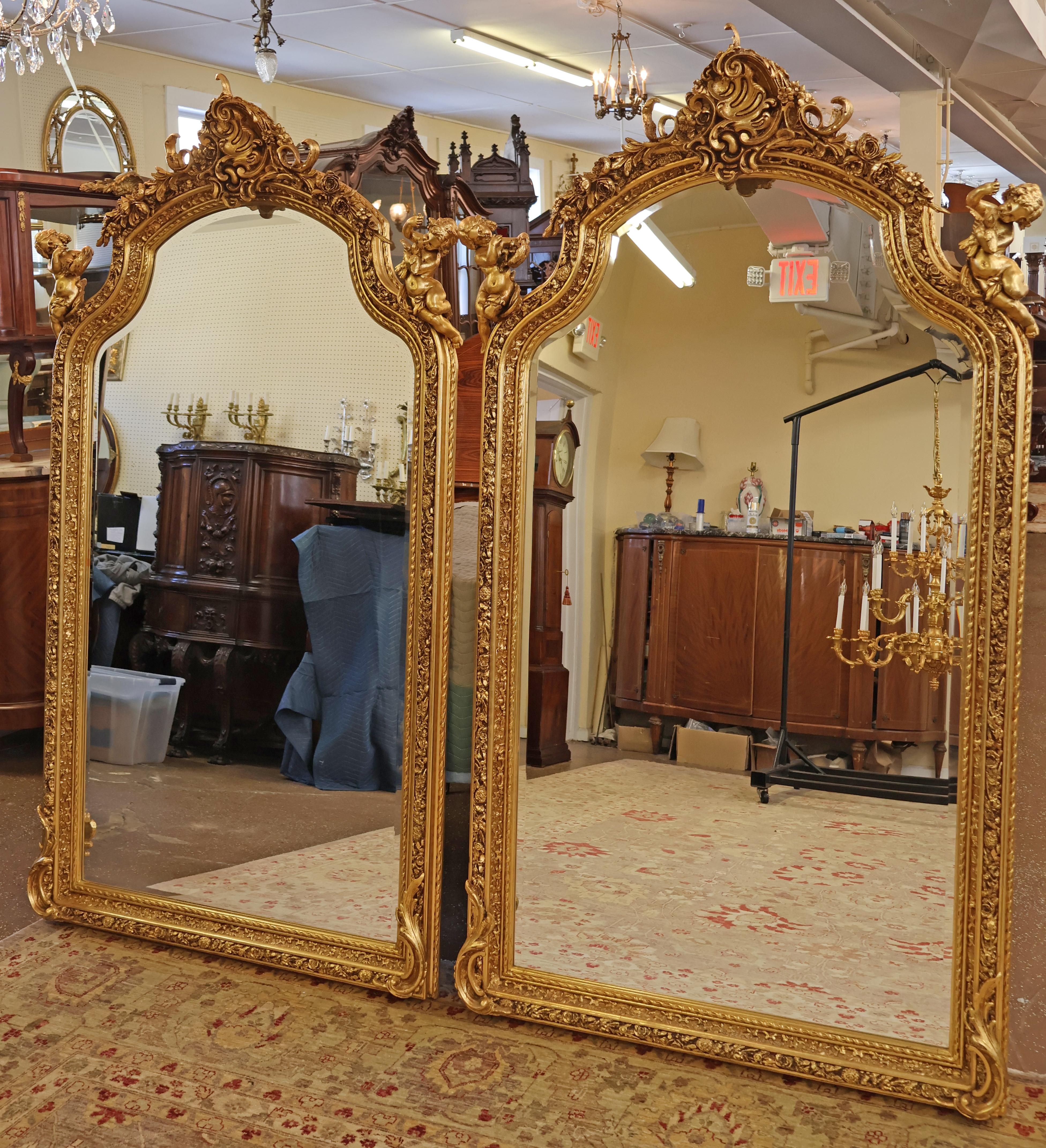 Contemporary Pair of Monumental Gold Gil Louis XVI French Style Cherub Putti Beveled Mirrors 