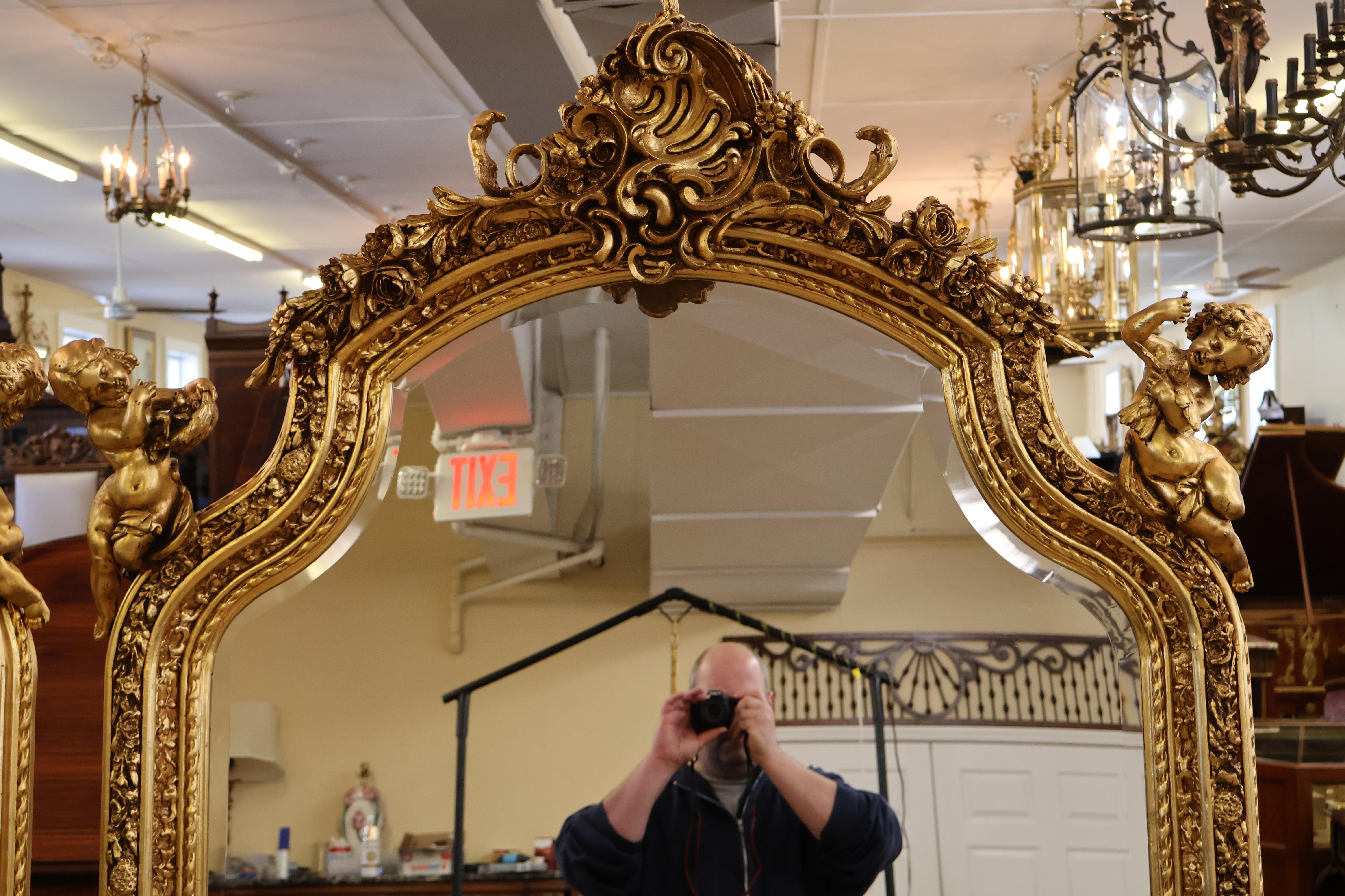 Pair of Monumental Gold Gil Louis XVI French Style Cherub Putti Beveled Mirrors  For Sale 3