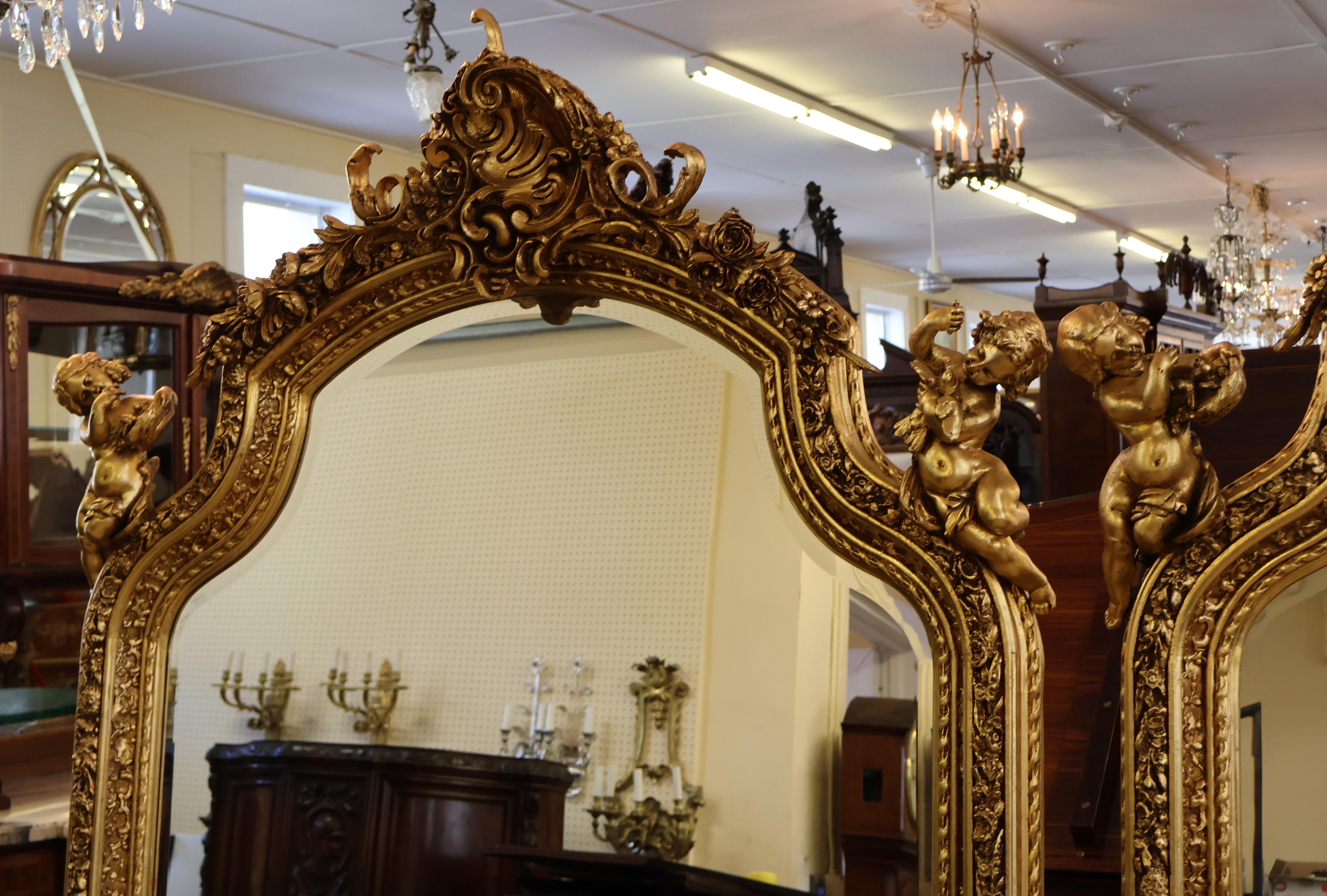 Pair of Monumental Gold Gil Louis XVI French Style Cherub Putti Beveled Mirrors  4