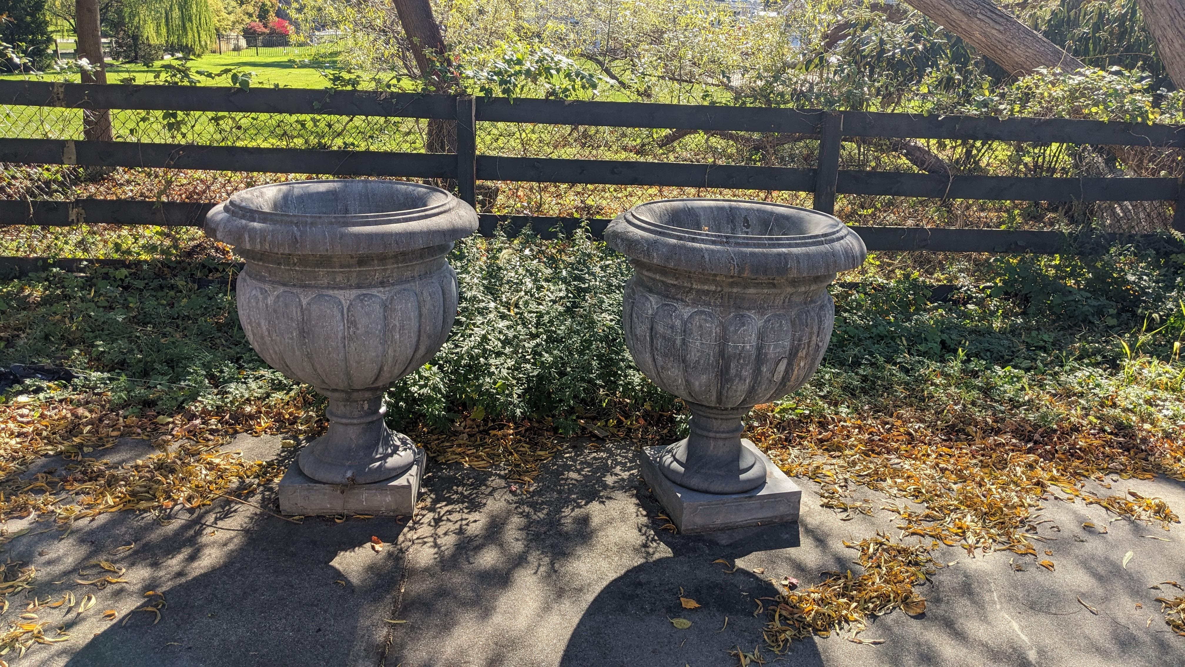 Pair of Monumental Grecian Stone Planters on Stands Urn Jardinière Cache Pot 40