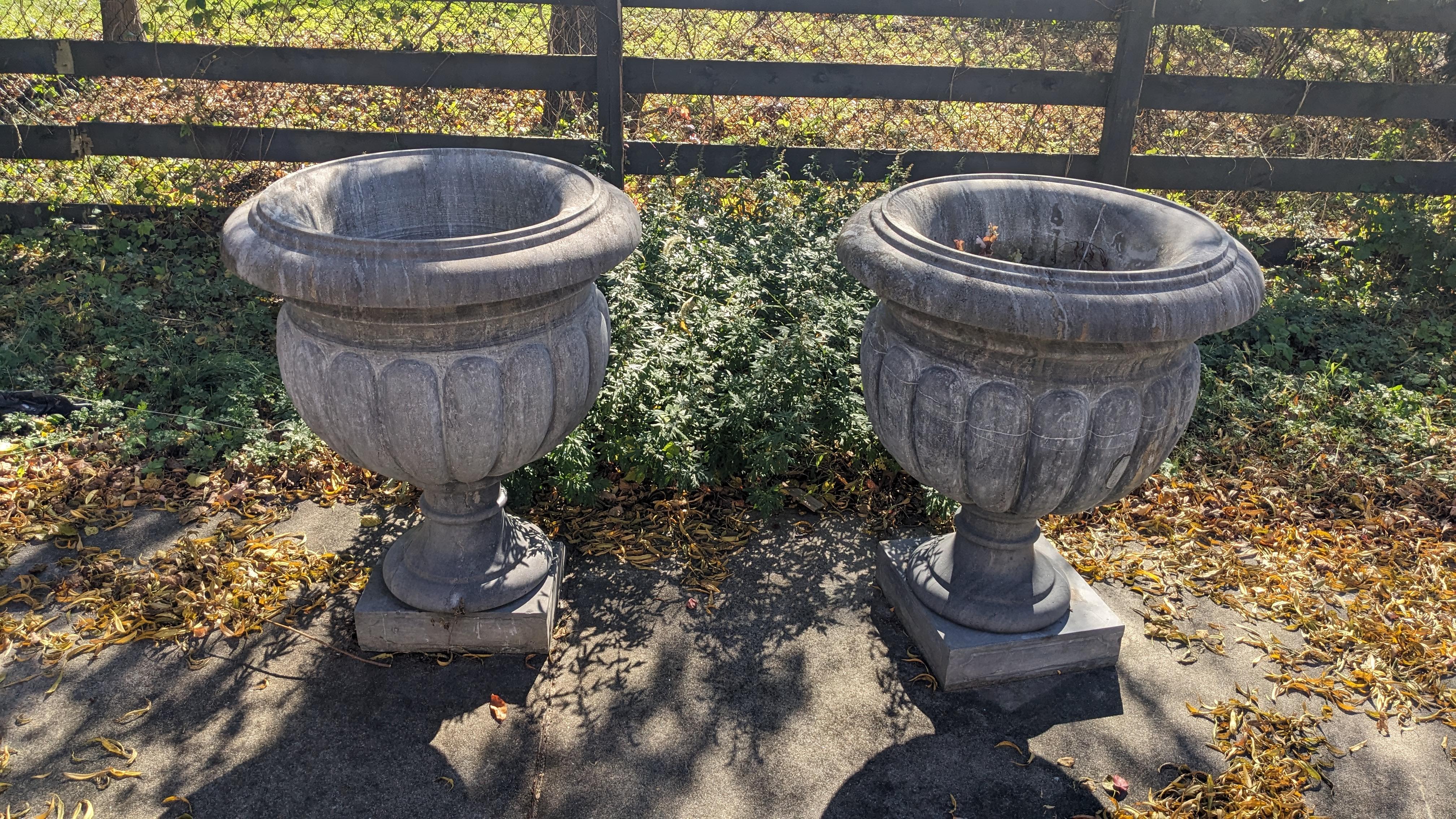 Pair of Monumental Grecian Stone Planters on Stands Urn Jardinière Cache Pot 40