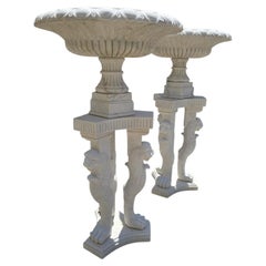 Pair of Monumental Greco-Roman Marble Kraters on Tripod Pedestals with Lion Paw