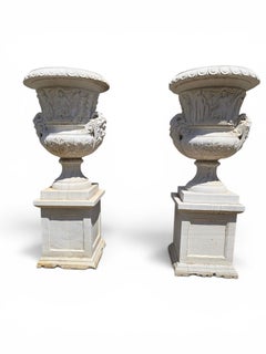 Pair of Monumental Hand-Carved Italian Marble Urns, 1950s