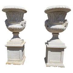 Pair of Monumental Hand-Carved Italian Marble Urns, 1950s