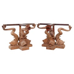 Antique Pair of Monumental Hand-Carved Koi Table Bases