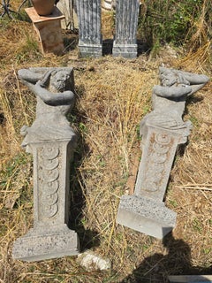 Pair of Monumental Hand-Carved Stone Sculptures, Early 20th Century