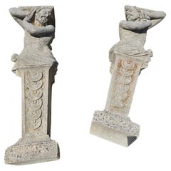 Pair of Monumental Hand-Carved Stone Sculptures, Early 20th Century