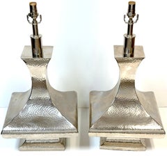 Pair of Monumental Hand-Hammered Silver-Plated Modernist Table Lamps