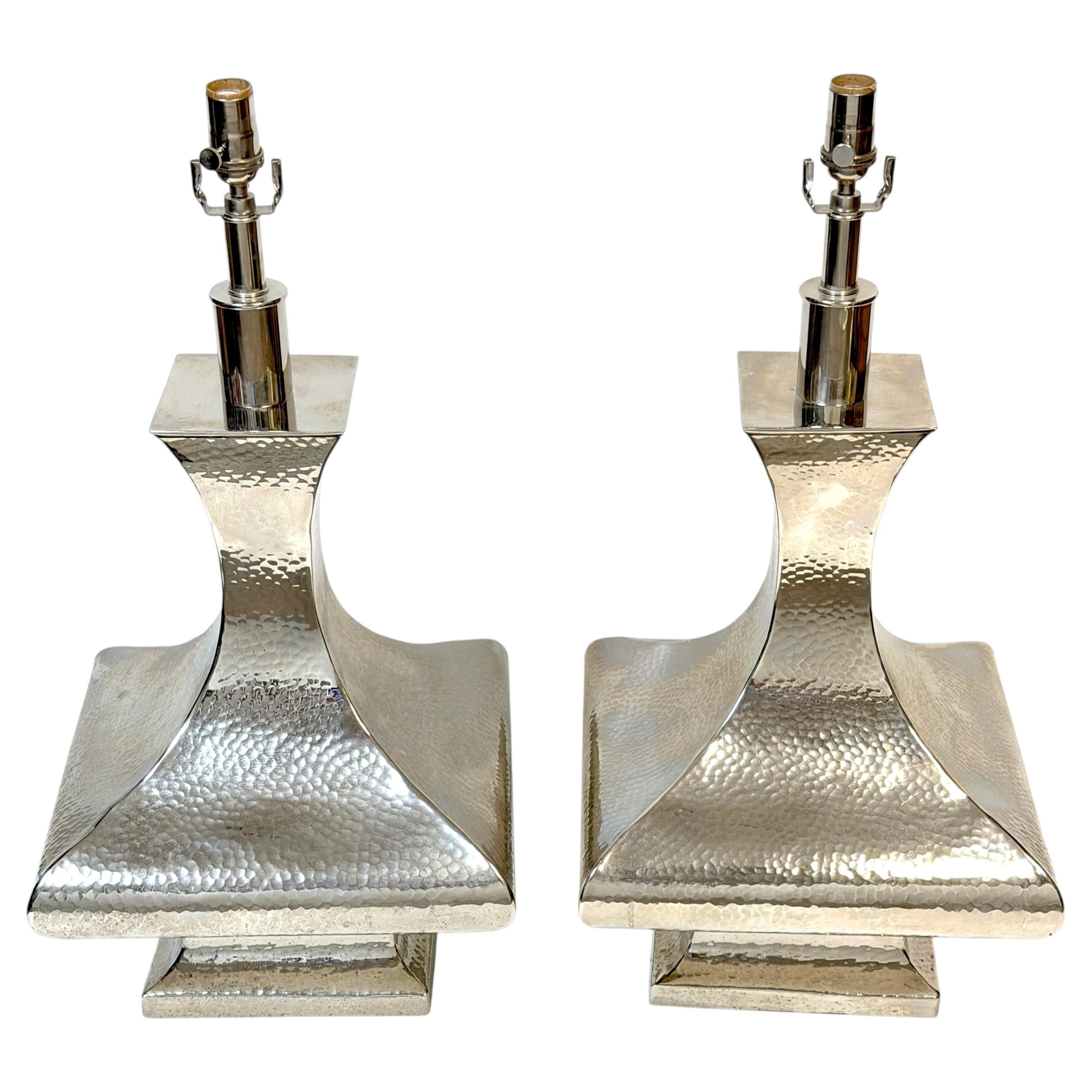 Pair of Monumental Hand-Hammered Silver-Plated Modernist Table Lamps For Sale