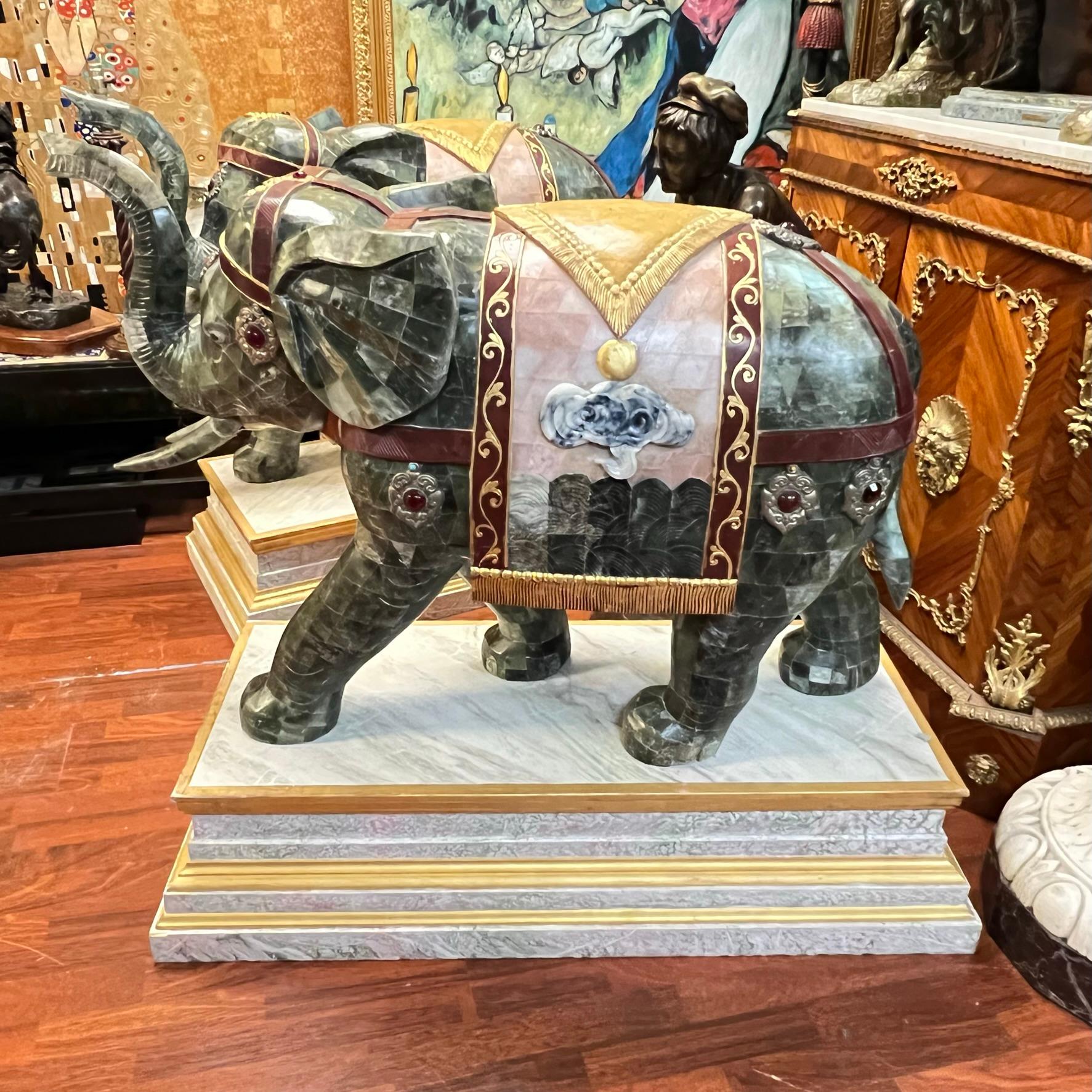 Anglo-Indian Pair of Monumental Hardstone Inlaid Processional Indian Elephants For Sale