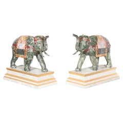 Retro Pair of Monumental Hardstone Inlaid Processional Indian Elephants