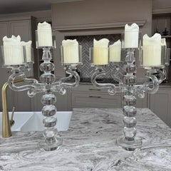 Pair of Monumental Heavy Clear Glass Five-Arm Candelabra Candle Holders, 24 Inch