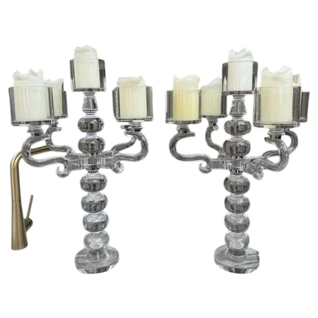 Pair of Monumental Heavy Clear Glass Five-Arm Candelabra Candle Holders, 24 Inch For Sale