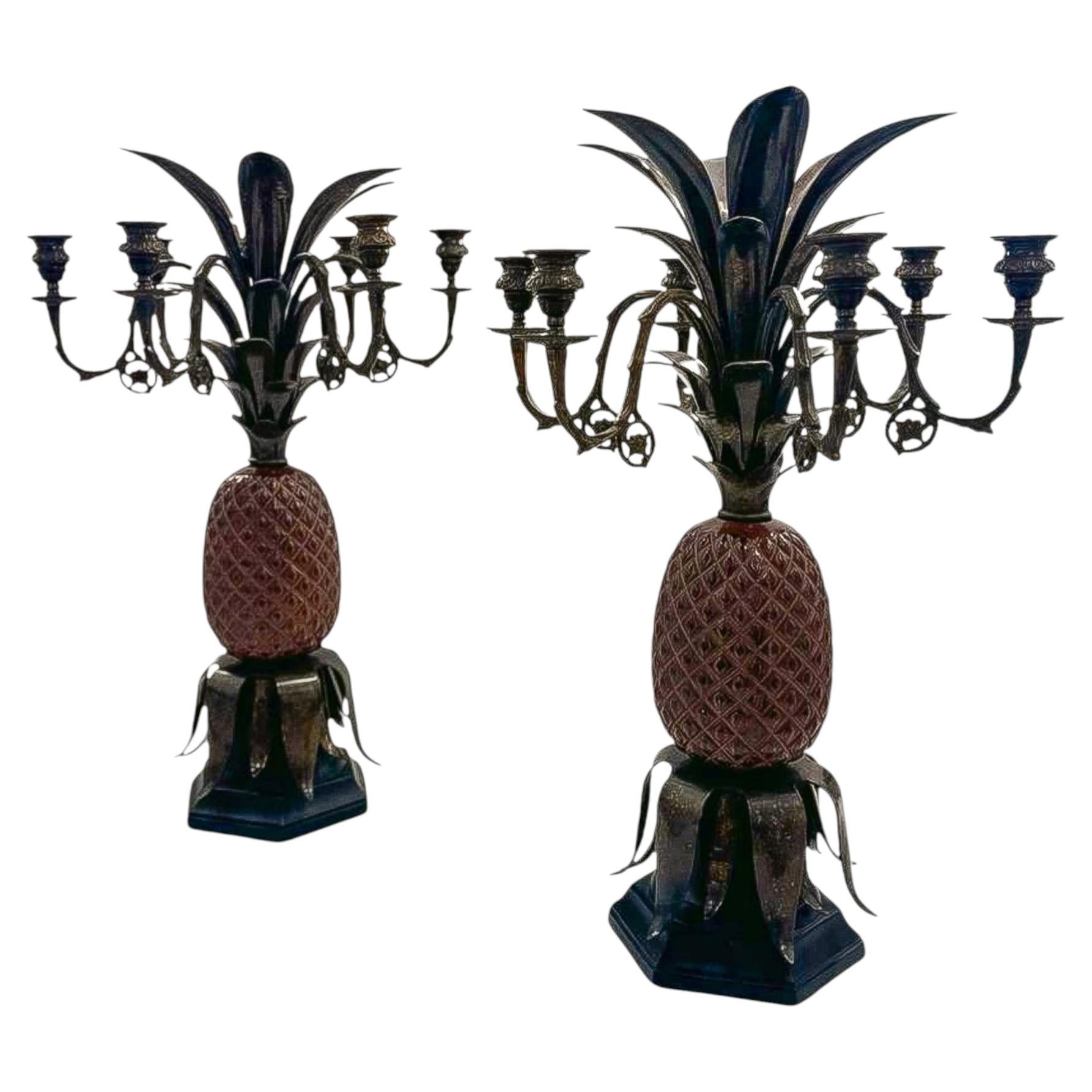 Pair of Monumental Hollywood Regency Pineapple Five-Light Candelabra Table Lamps