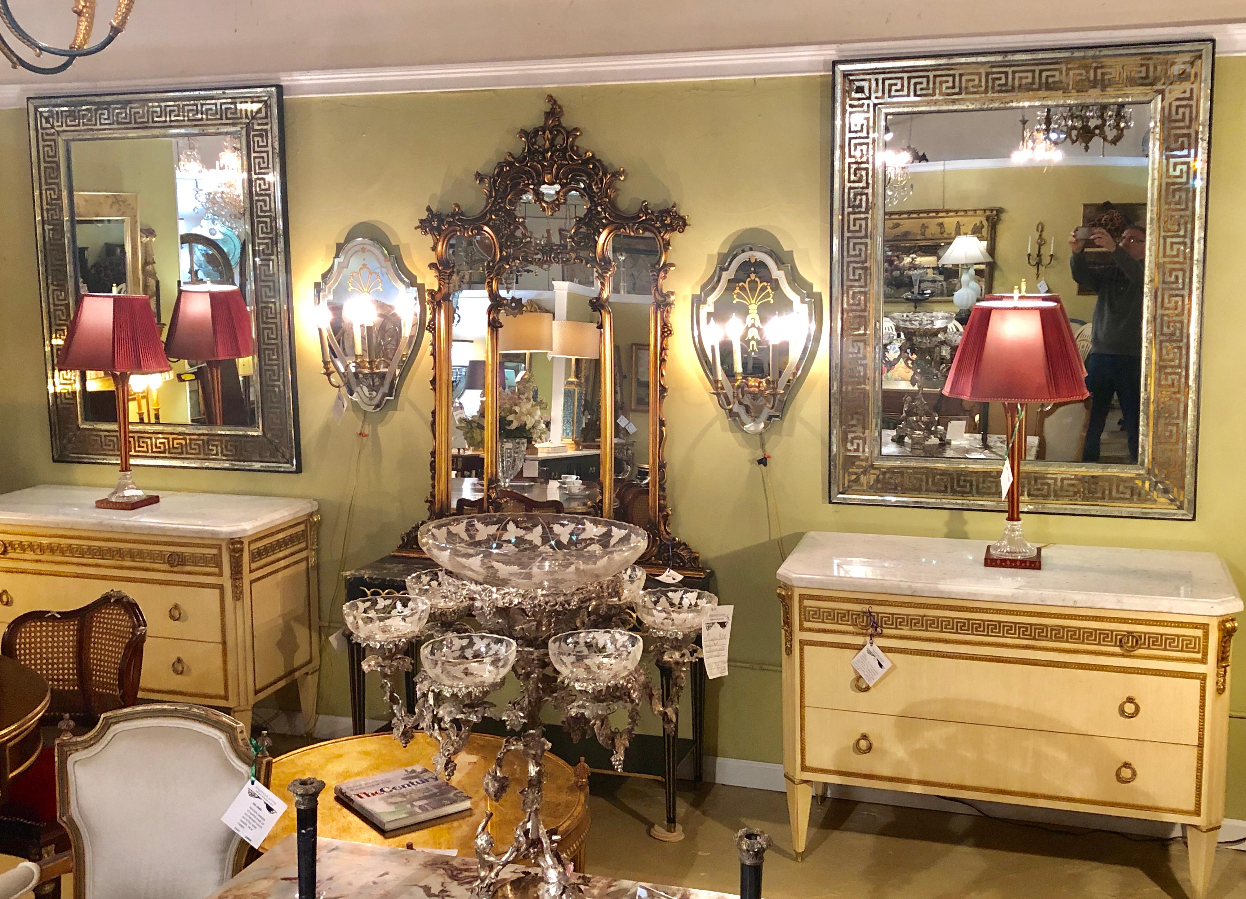 Pair of Monumental Hollywood Regency Style Etched Greek Key Wall Mirrors In Good Condition In Stamford, CT