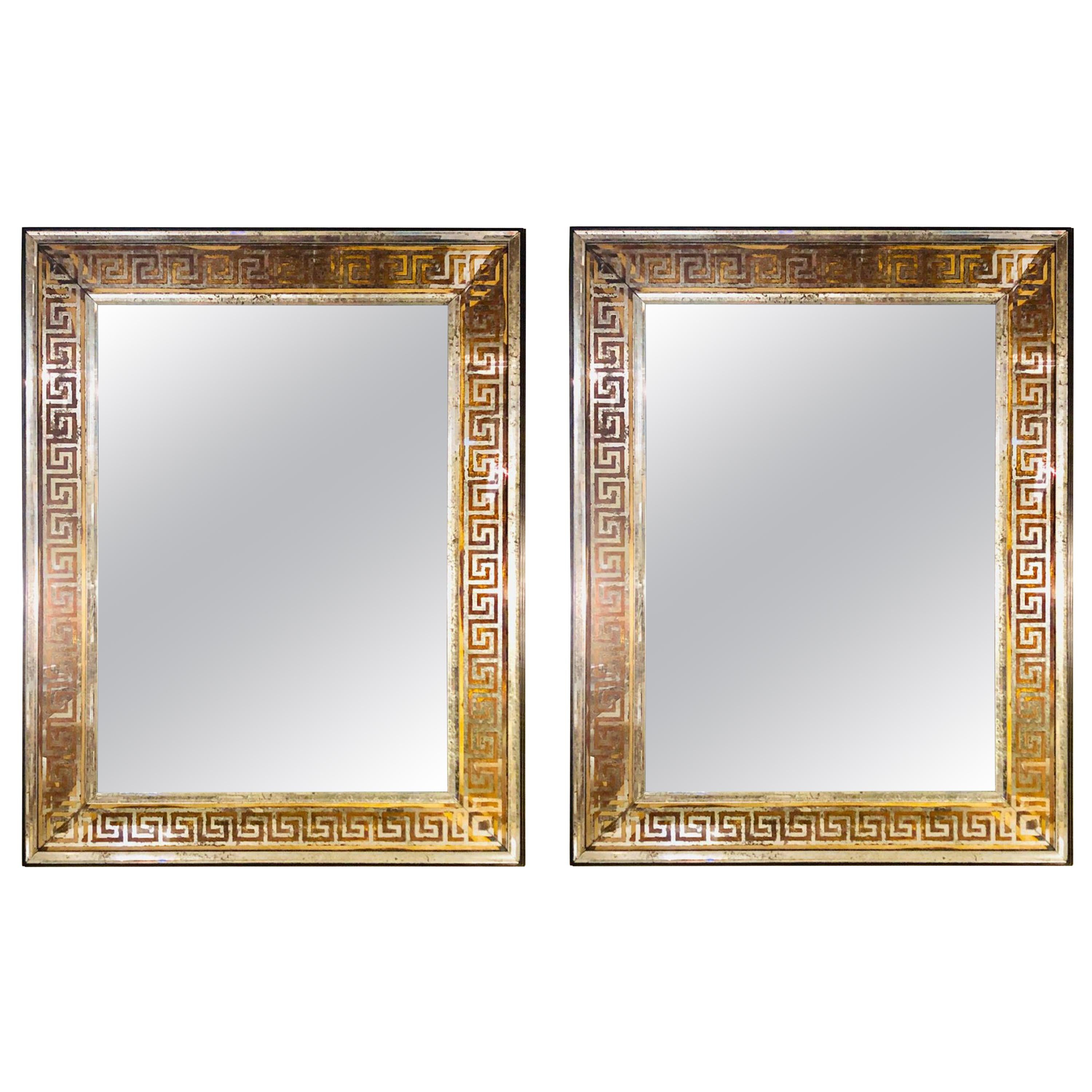 Pair of Monumental Hollywood Regency Style Etched Greek Key Wall Mirrors