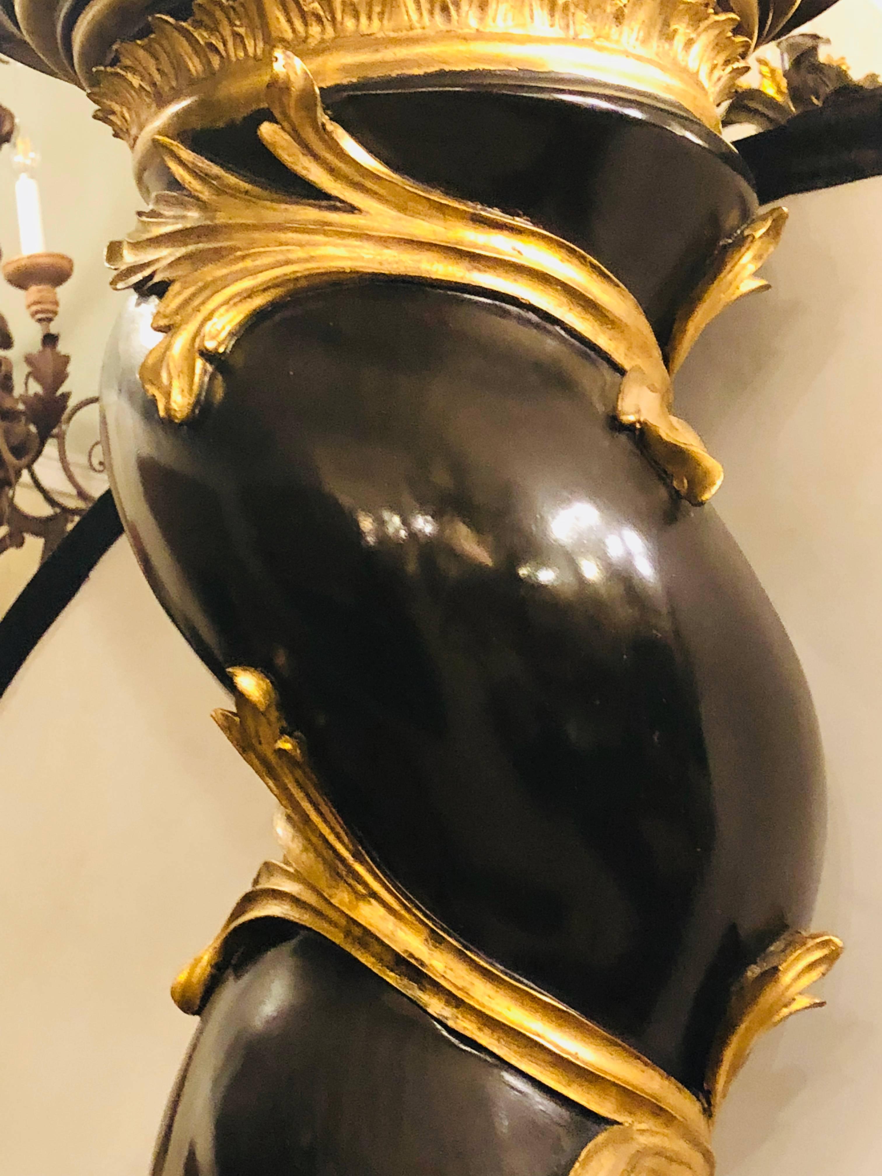 20th Century Pair of Monumental Hollywood Regency Style Pedestals Ebony and Gilt Gold Detail