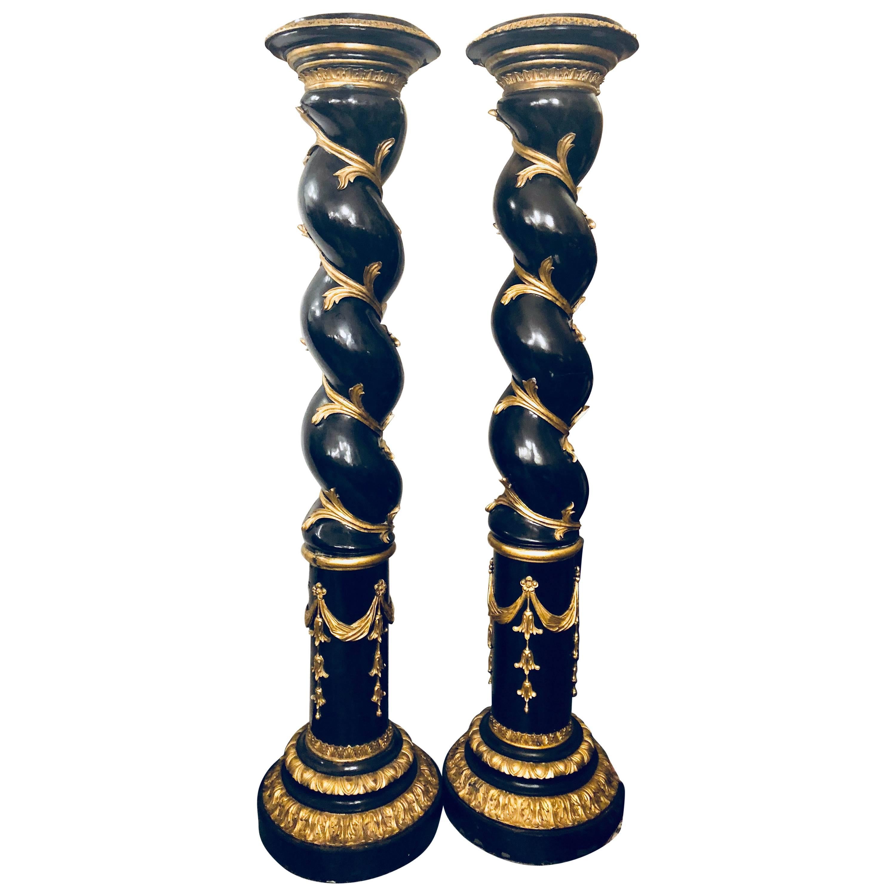 Pair of Monumental Hollywood Regency Style Pedestals Ebony and Gilt Gold Detail